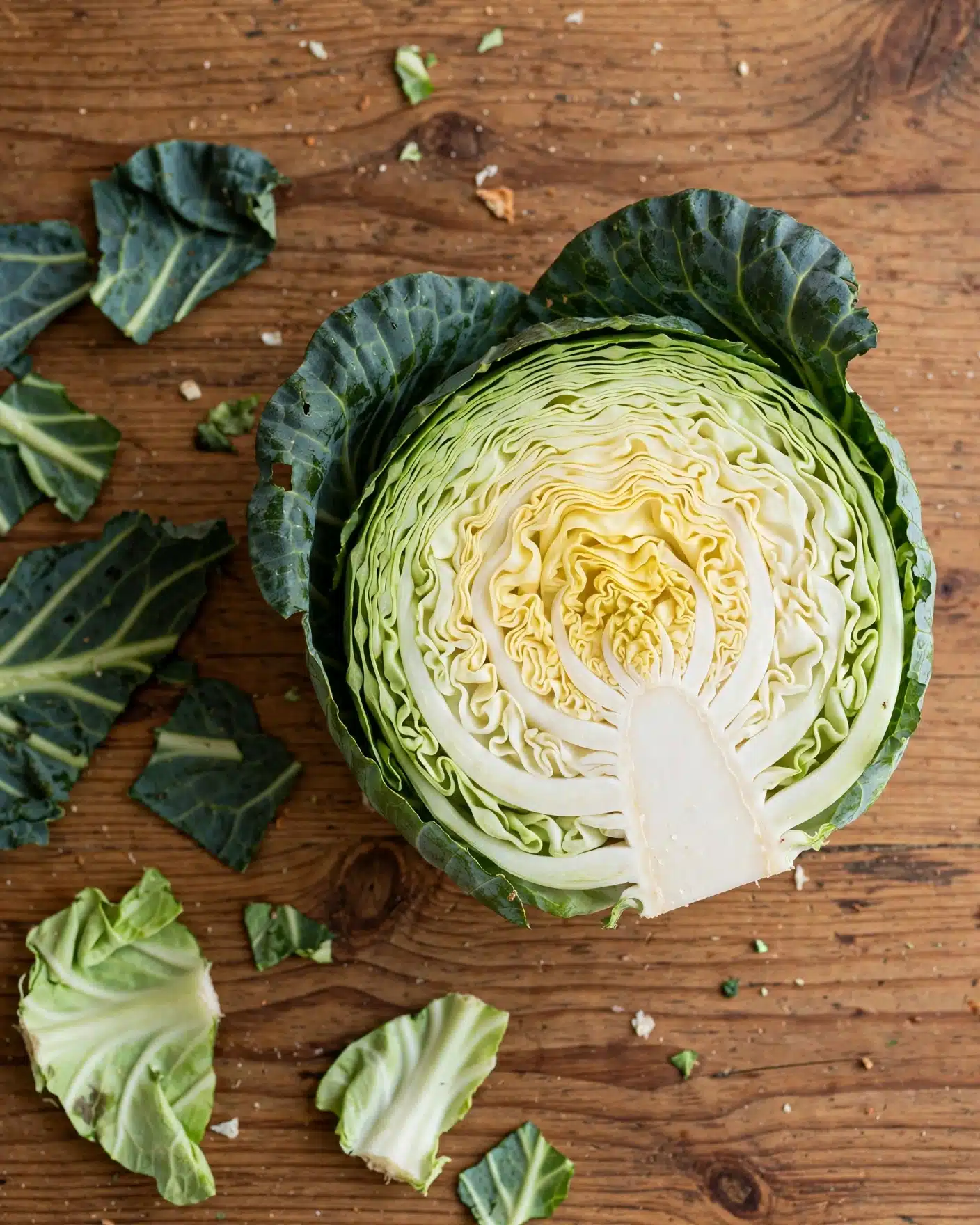 The image shows a close-up of a cabbage cut in half, placed on a wooden surface. The cabbage has many layers, starting with dark green outer leaves that are slightly curved and rough in texture. Moving inward, the leaves change to lighter green and then to pale yellow, showing a smooth, wavy pattern. The core is dense and white, with a firm texture contrasting the softer leafy layers. A few loose green leaves are scattered nearby. The wooden surface is warm brown and has a natural grain pattern. photo taken with an iphone --ar 4:5 --v 7