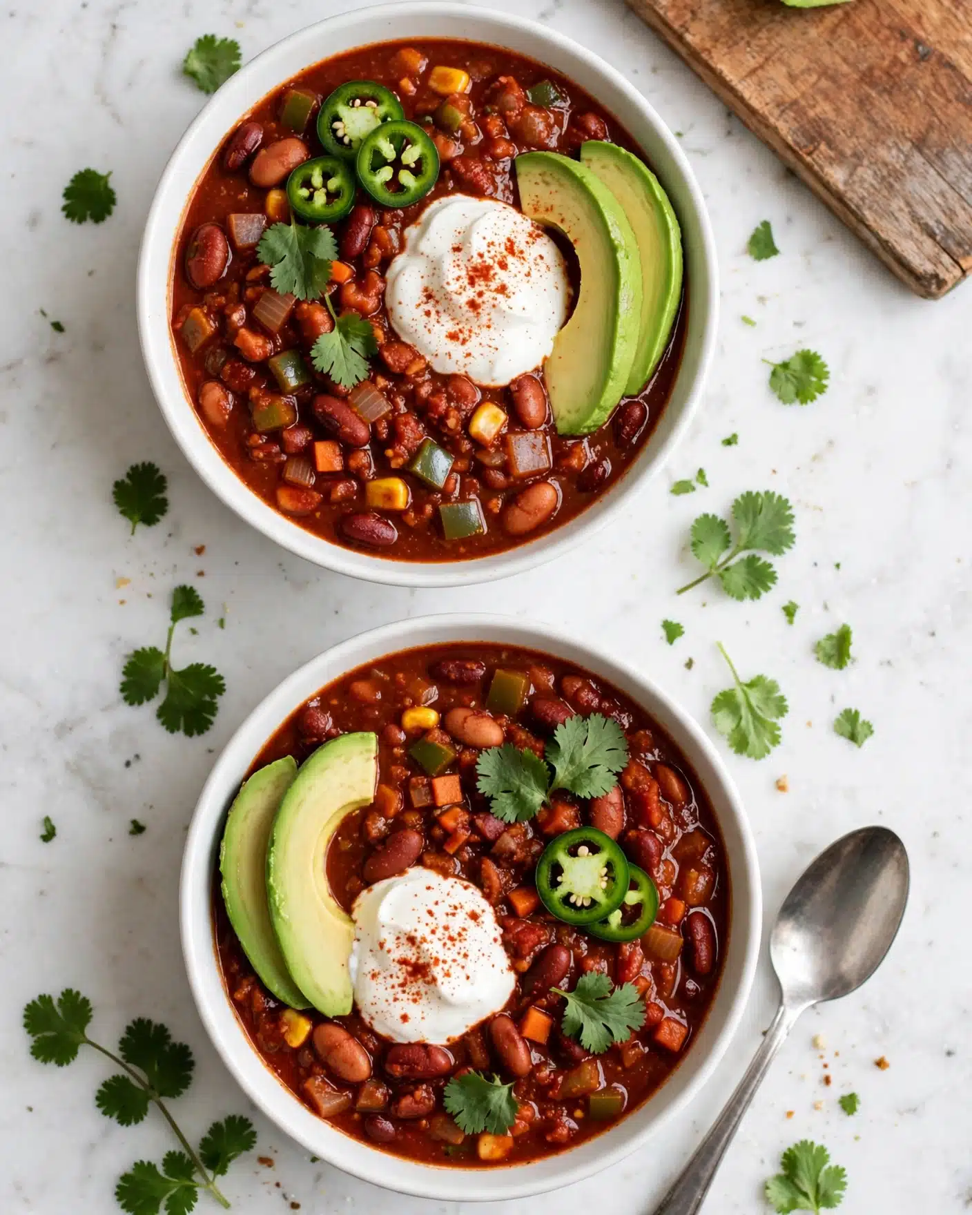 Two white bowls filled with thick chili, rich red with chunks of beans and small pieces of vegetables mixed in. Each bowl is topped with two green slices of avocado placed on one side, a dollop of white sour cream sprinkled with a light dusting of red spice near the center, and a few bright green slices of jalapeño pepper. Fresh cilantro leaves are scattered on top of the chili and around the bowls on a dark wooden surface. A silver spoon lies next to the bottom bowl, and a wooden board is visible at the top right corner. The background is changed to a white marbled texture. Photo taken with an iphone --ar 4:5 --v 7
