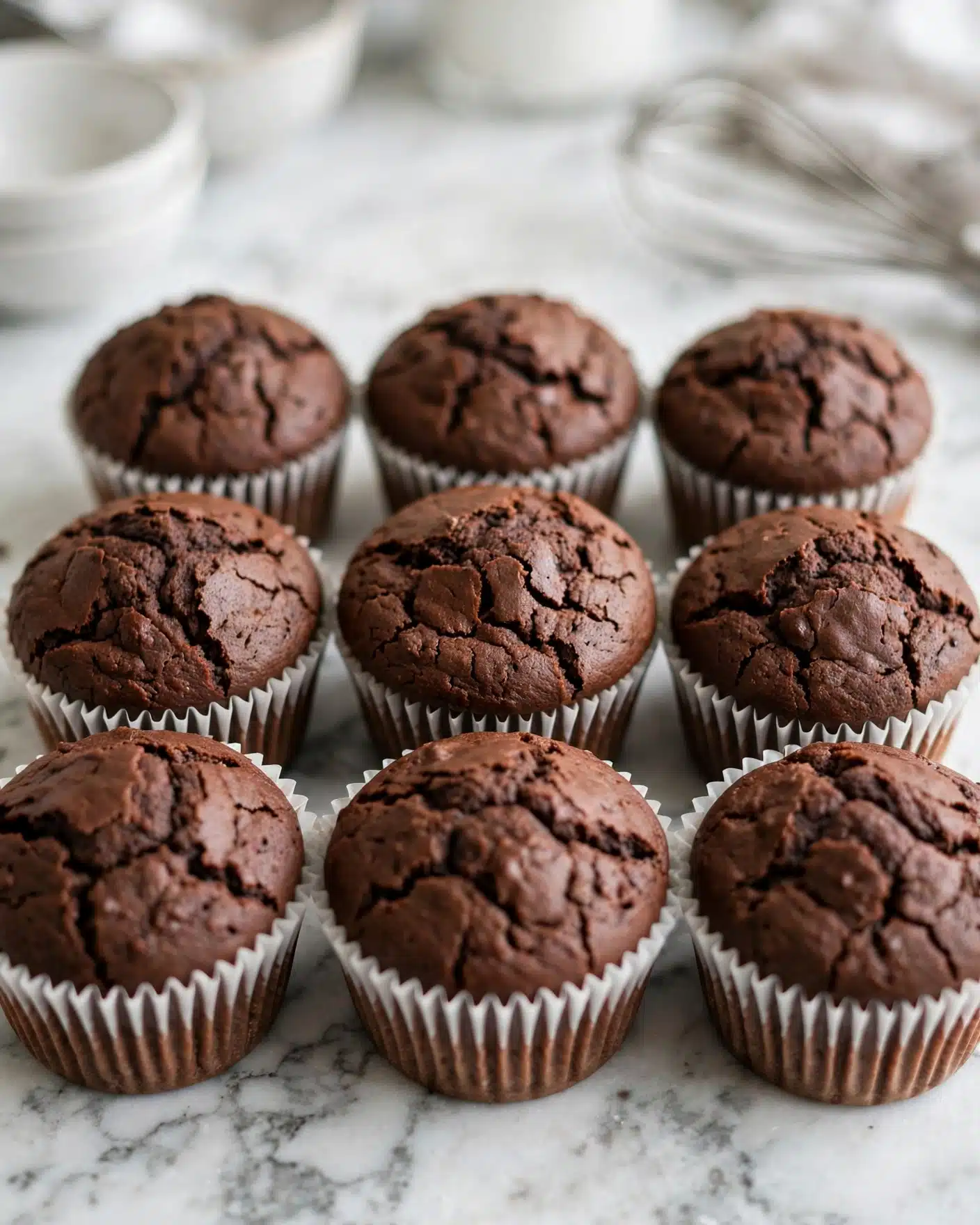A group of nine chocolate muffins with dark brown tops and textured cracks is arranged closely together on a white marbled surface. Each muffin is wrapped in a white paper liner with ridges. The tops appear soft and slightly uneven, showing the baked texture clearly. The background includes some blurred white bowls and a whisk, adding a kitchen feel. photo taken with an iphone --ar 4:5 --v 7