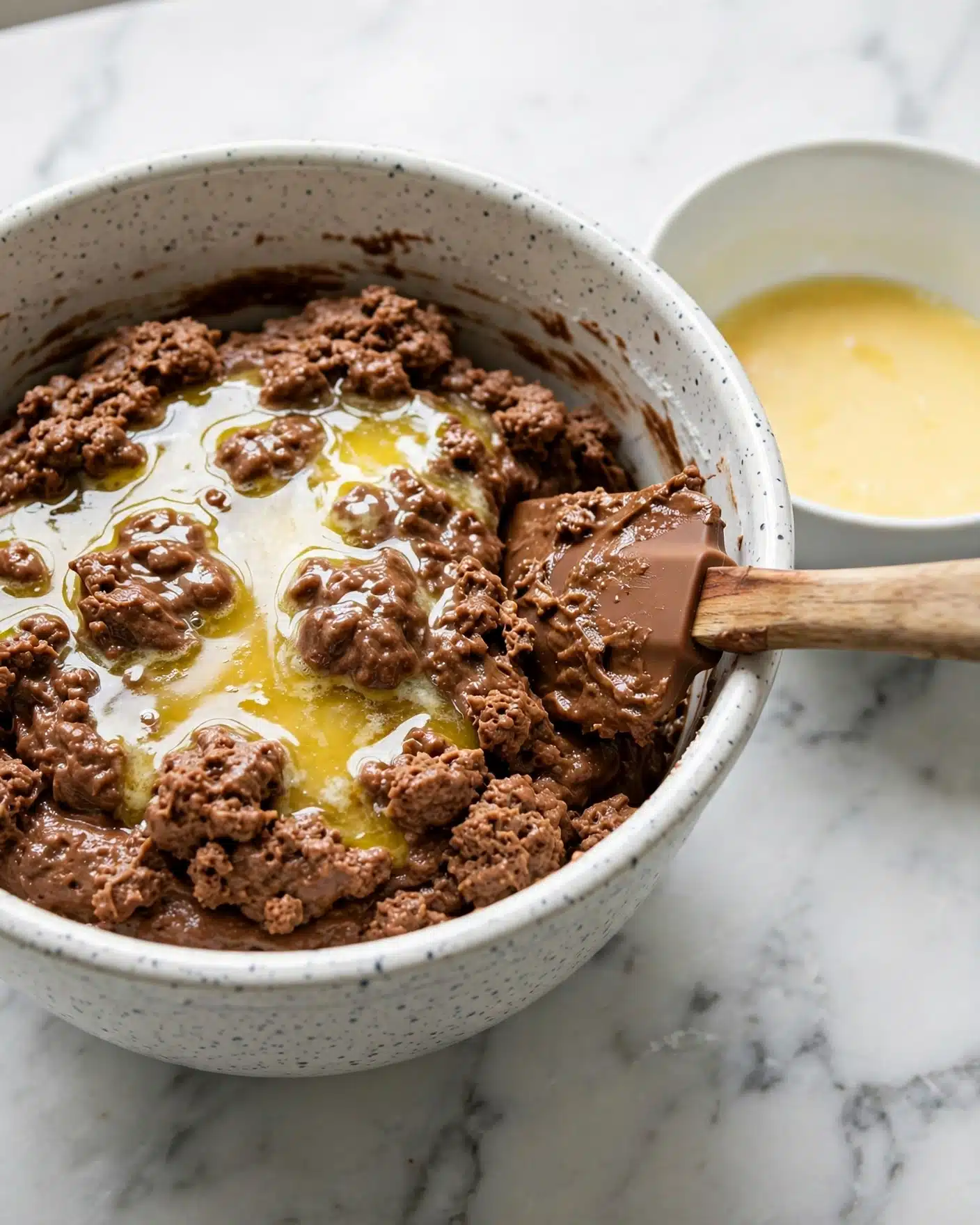 A white speckled mixing bowl holds a thick, lumpy brown batter with a shiny, wet layer of melted butter on top. A wooden spatula with a brown silicone head rests inside the bowl, partially covered in batter. The bowl sits on a white marbled surface, with a smaller white bowl containing a light yellow liquid nearby. Photo taken with an iphone --ar 4:5 --v 7
