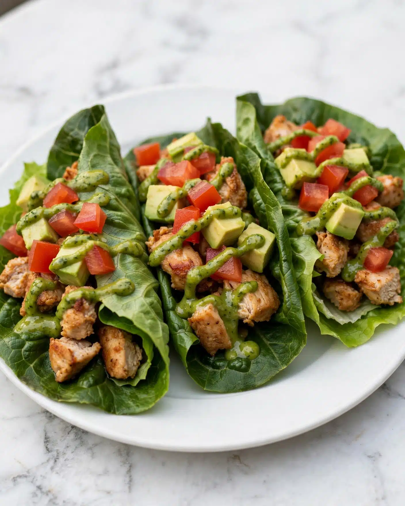 Three fresh lettuce wraps sit on a white plate with a white marbled surface underneath. Each wrap is made with bright green romaine lettuce leaves shaped as a base layer. On top of the lettuce is a layer of golden-brown seasoned grilled chicken pieces, scattered unevenly. Small chunks of light green avocado and red tomato pieces are placed over the chicken, with tiny bits of white onion. A light green creamy sauce is drizzled over the toppings, adding a smooth texture. The whole dish looks fresh and colorful, stacked neatly in three rows. Photo taken with an iphone --ar 4:5 --v 7