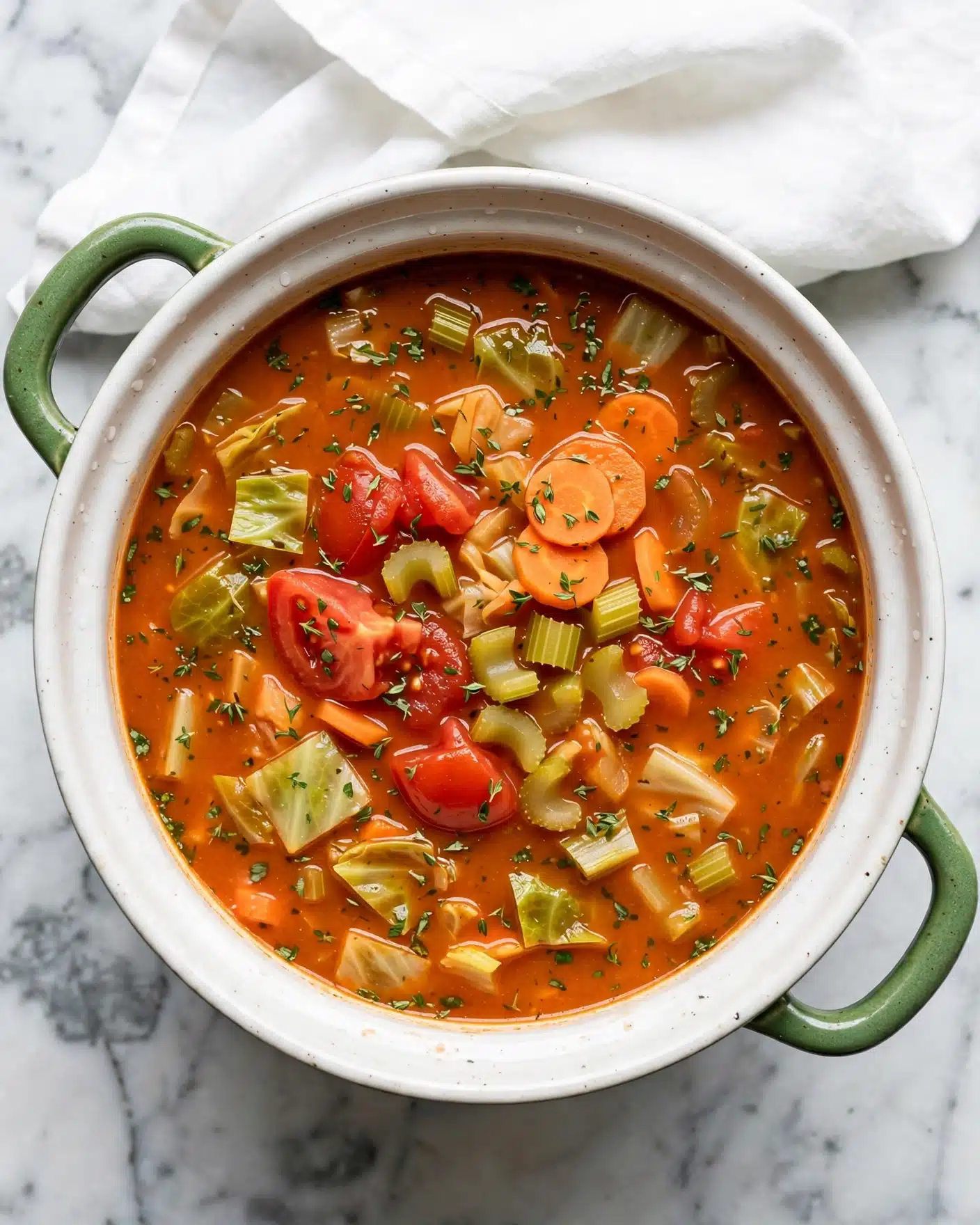 A close-up shot of a metal ladle filled with vegetable soup held above a pot of the same soup. The ladle shows two round carrot slices and light green cabbage pieces floating in a clear orange-brown broth mixed with small bits of celery and tomatoes. The tomato pieces show soft red color and a slightly rough texture, while the broth has a smooth, glossy surface. The background is a blurred view of more soup inside the pot on a white marbled surface. Photo taken with an iphone --ar 4:5 --v 7