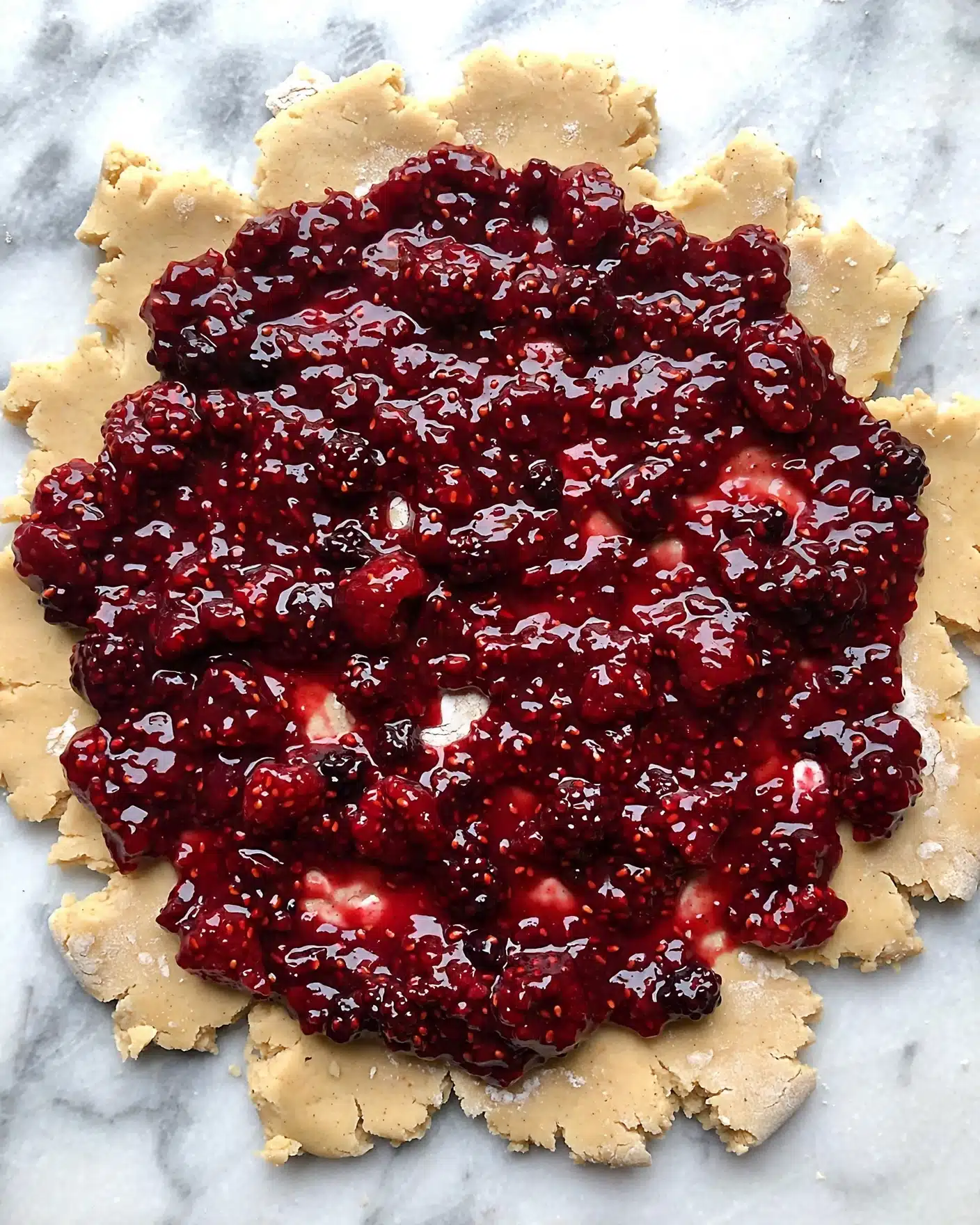 The image shows one layer of light, uneven pie dough with rough edges on a white marbled surface. Spread thickly on top is a deep red berry filling with a textured, slightly shiny appearance and visible seeds, covering almost the entire dough but leaving the edge bare. The filling has a chunky look with some white spots of the dough slightly visible underneath. Photo taken with an iphone --ar 4:5 --v 7