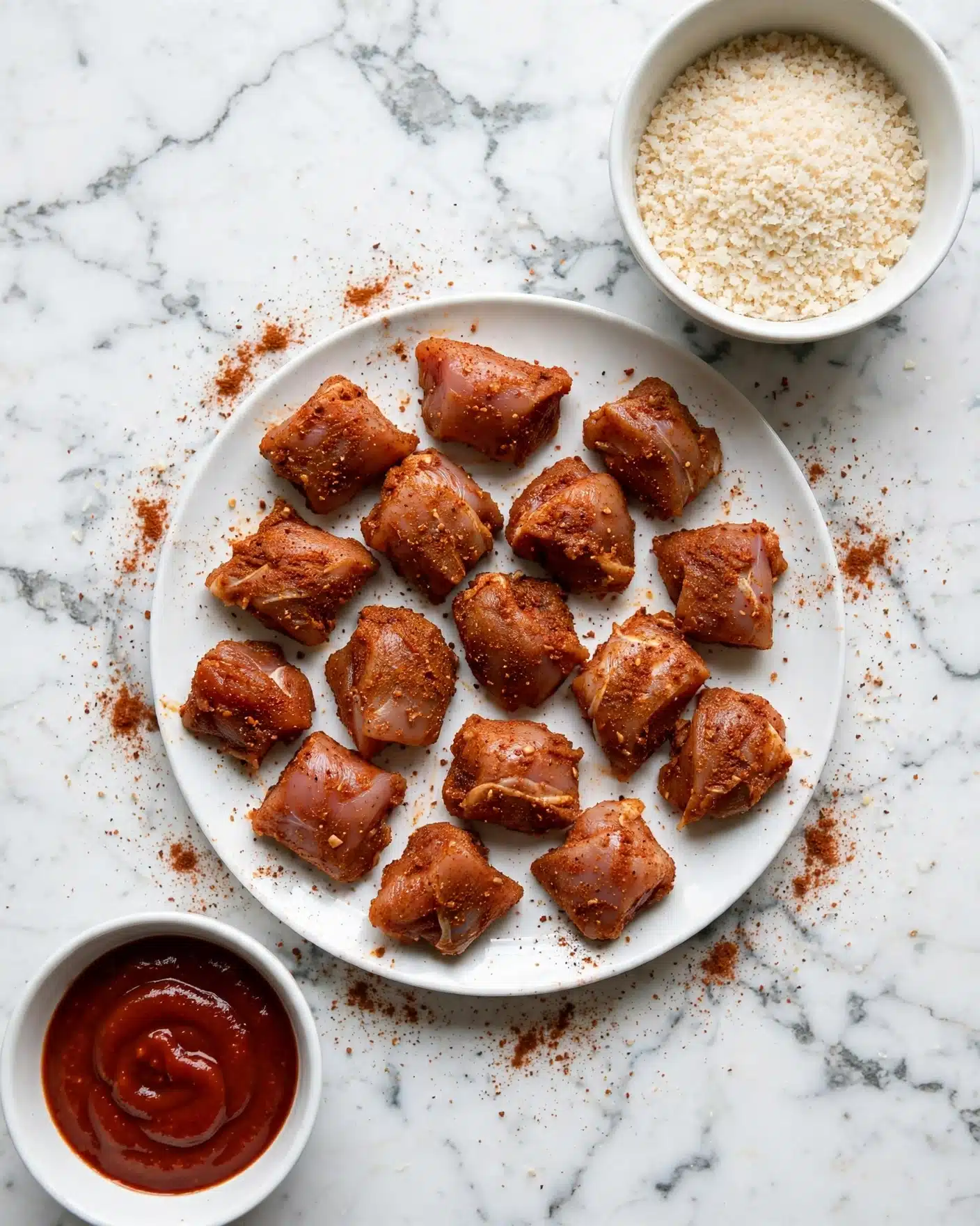 Air Fryer Buffalo Chicken Nuggets Recipe 5 A white round plate holds about fifteen pieces of raw chicken coated with a reddish brown spice mix, scattered evenly with some spice powder around the edges. Above and to the right is a white round bowl filled with small white panko crumbs. Below and to the left is a small white bowl containing a thick red sauce. The whole setup is placed on a white marbled surface photo taken with an iphone --ar 4:5 --v 7
