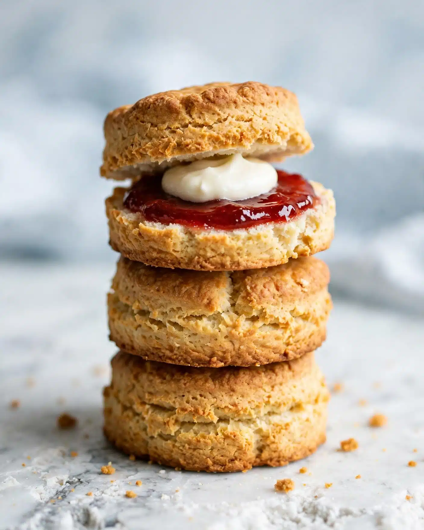 The image shows a stack of three golden-brown scones on a white marbled surface. On top of the stack is the top half of a scone spread with a shiny red jam layer, topped with a dollop of smooth white cream. The scones have a soft, crumbly texture with a slightly uneven surface. The background is softly blurred in light blue and white tones. photo taken with an iphone --ar 4:5 --v 7