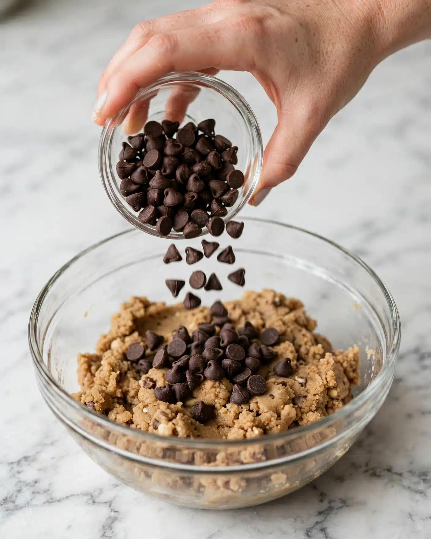 A close-up image shows a woman’s hand holding a clear glass bowl filled with dark brown chocolate chips, pouring them onto a light brown cookie dough mixture in a larger clear glass bowl below. The cookie dough looks soft and slightly textured with small bits visible across its surface. The background and surface beneath the bowls have a white marbled texture. photo taken with an iphone --ar 4:5 --v 7