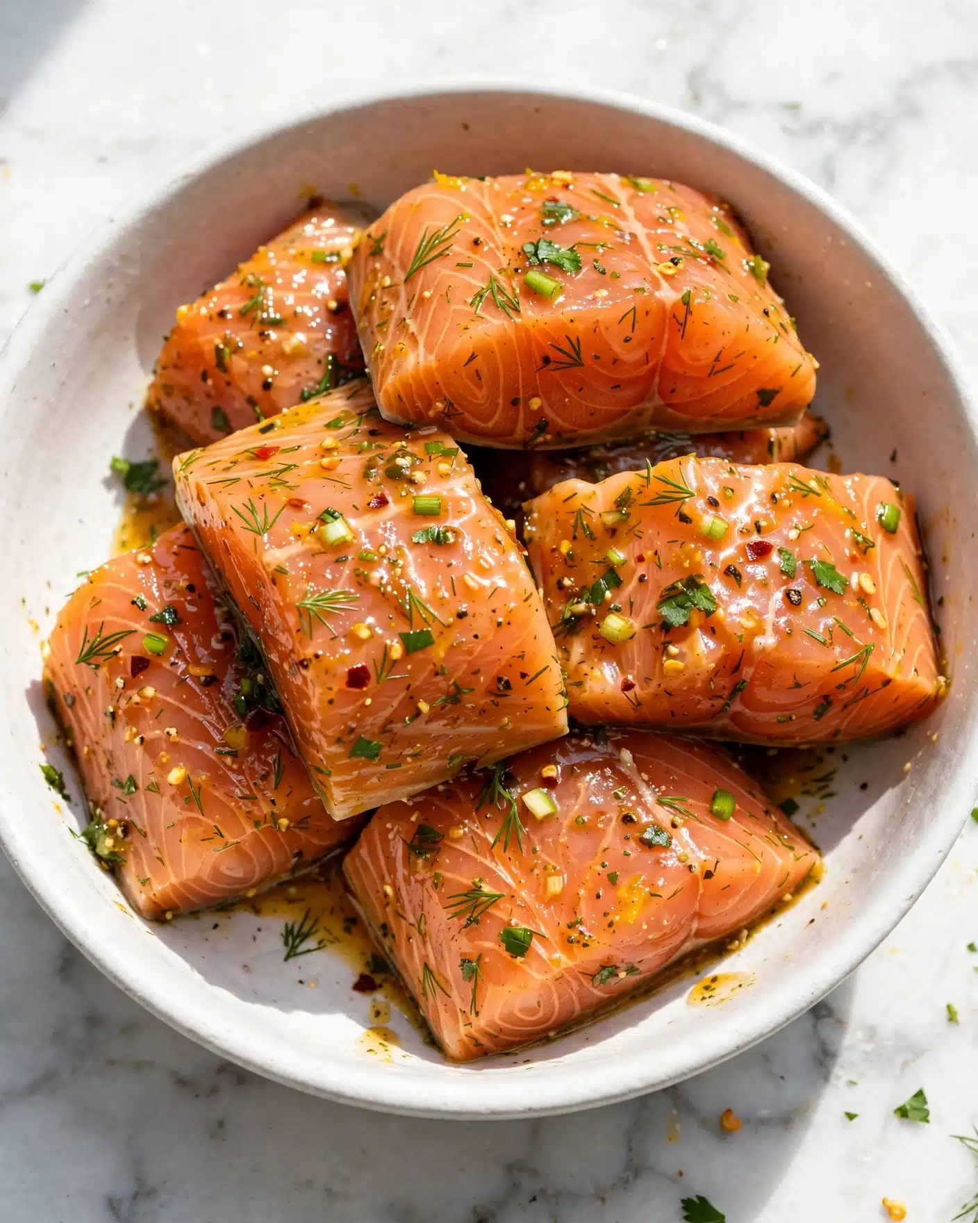 A white bowl holds several chunks of raw salmon, each piece glistening with a light orange marinade that has small herbs or spices visible. The salmon chunks are stacked unevenly inside the bowl, showing a mix of smooth and slightly textured fish surfaces. The bowl sits on a white marbled surface that adds a clean and fresh background to the image. photo taken with an iphone --ar 4:5 --v 7