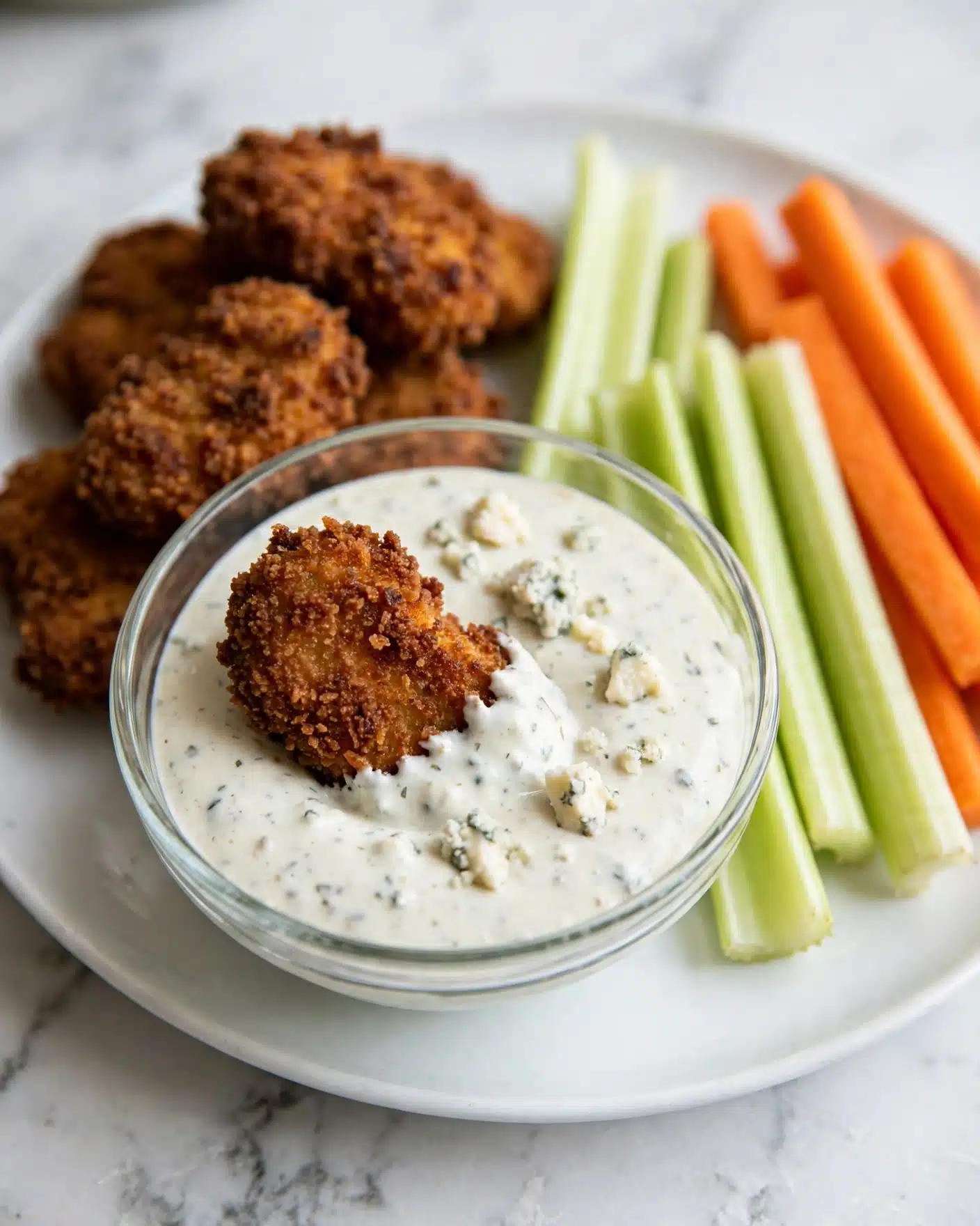 Air Fryer Buffalo Chicken Nuggets Recipe 6 A white plate with several pieces of crispy golden-brown coated chicken arranged in a pile on the left side. One piece is cut in half, showing the white cooked inside. On the right side of the plate are fresh, thin celery and carrot sticks in light green and bright orange colors. A small white bowl filled with creamy white sauce topped with chunks of blue cheese is placed near the top edge of the plate. The dish is set on a white marbled surface. Photo taken with an iphone --ar 4:5 --v 7