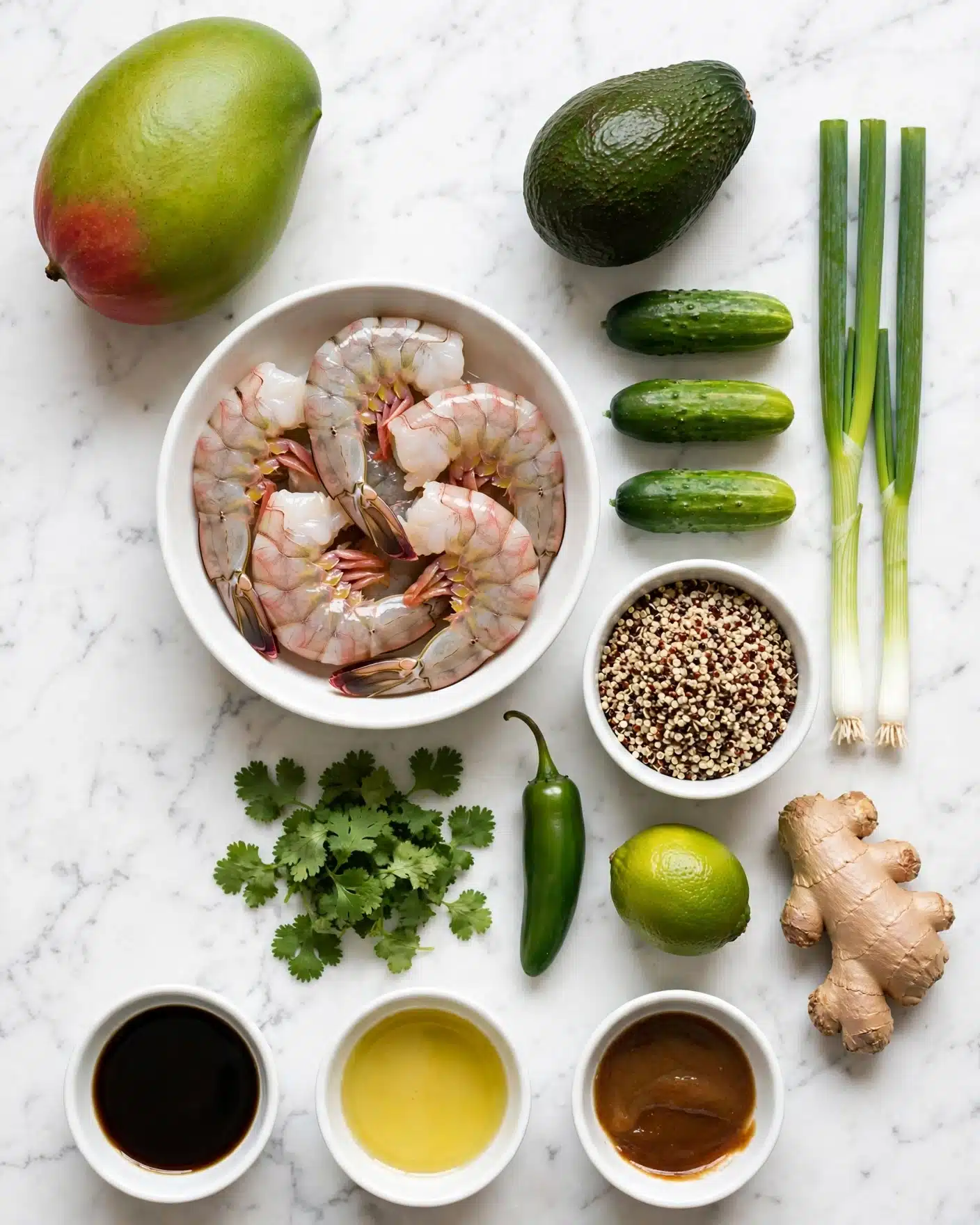The image shows many fresh ingredients placed on a white marbled surface. In the center, a white bowl holds several large, uncooked shrimp with their pink and gray shells partly removed. Surrounding the bowl, there is a bright green mango with red hints at the bottom, an avocado with dark green skin, and three small green cucumbers. Next to the avocado and cucumbers are two long green onions with white ends. A small white bowl contains mixed-color quinoa with white, red, and black grains. Nearby, a small pile of fresh green cilantro leaves, a single green jalapeño pepper, a lime, and a thick piece of ginger root are placed close together. Three small white bowls hold dark soy sauce, light yellow oil or dressing, and a small amount of brown sauce. The colors are fresh and natural, arranged neatly and clearly visible. Photo taken with an iphone --ar 4:5 --v 7