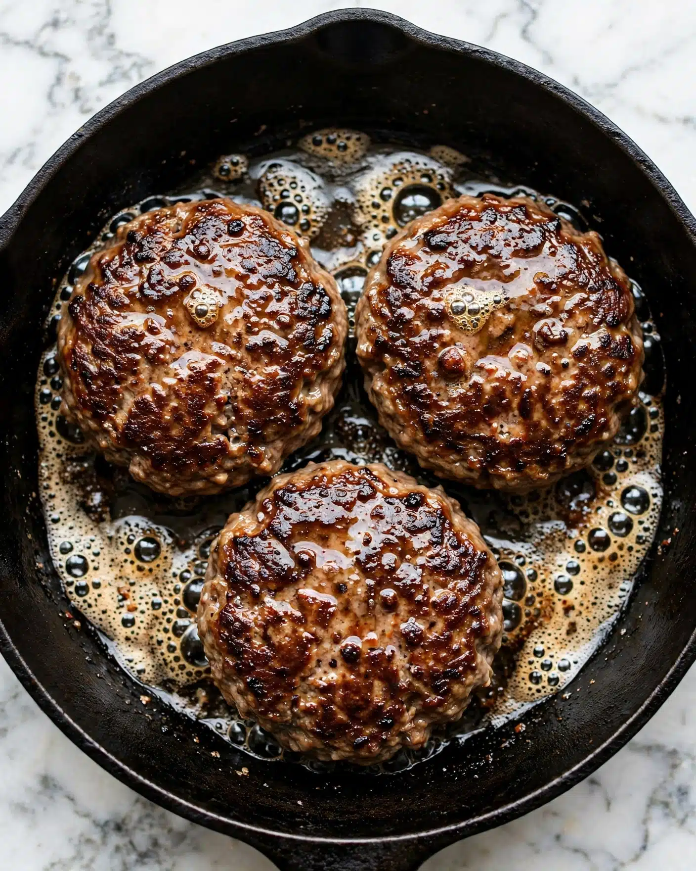 Jack-O'-Lantern Burgers Recipe 5 The image shows three thick, round burger patties cooking in a black cast iron pan. The patties have a dark brown crust on the outside with some glistening oil and juices on top and around them, creating a shiny texture. The pan's surface has small bubbles of hot butter or oil surrounding the patties. The background is a white marbled texture. photo taken with an iphone --ar 4:5 --v 7