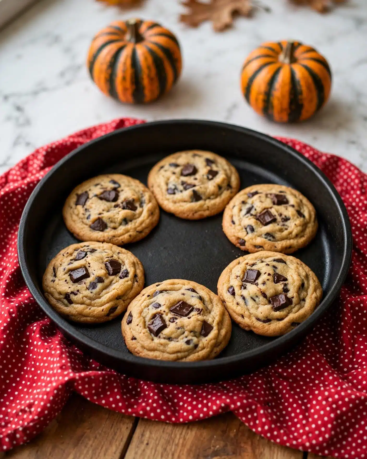 A stack of four golden brown chocolate chip cookies is placed on a blue and white striped cloth over a white marbled surface. The top cookie has a bite taken from it, revealing soft melted chocolate chips inside. The cookies are thick with a slightly rough texture, and large, dark chocolate chips are scattered on and inside each cookie. In the blurred background, there are small white and orange pumpkins, adding a warm, cozy feeling to the scene. Photo taken with an iphone --ar 4:5 --v 7