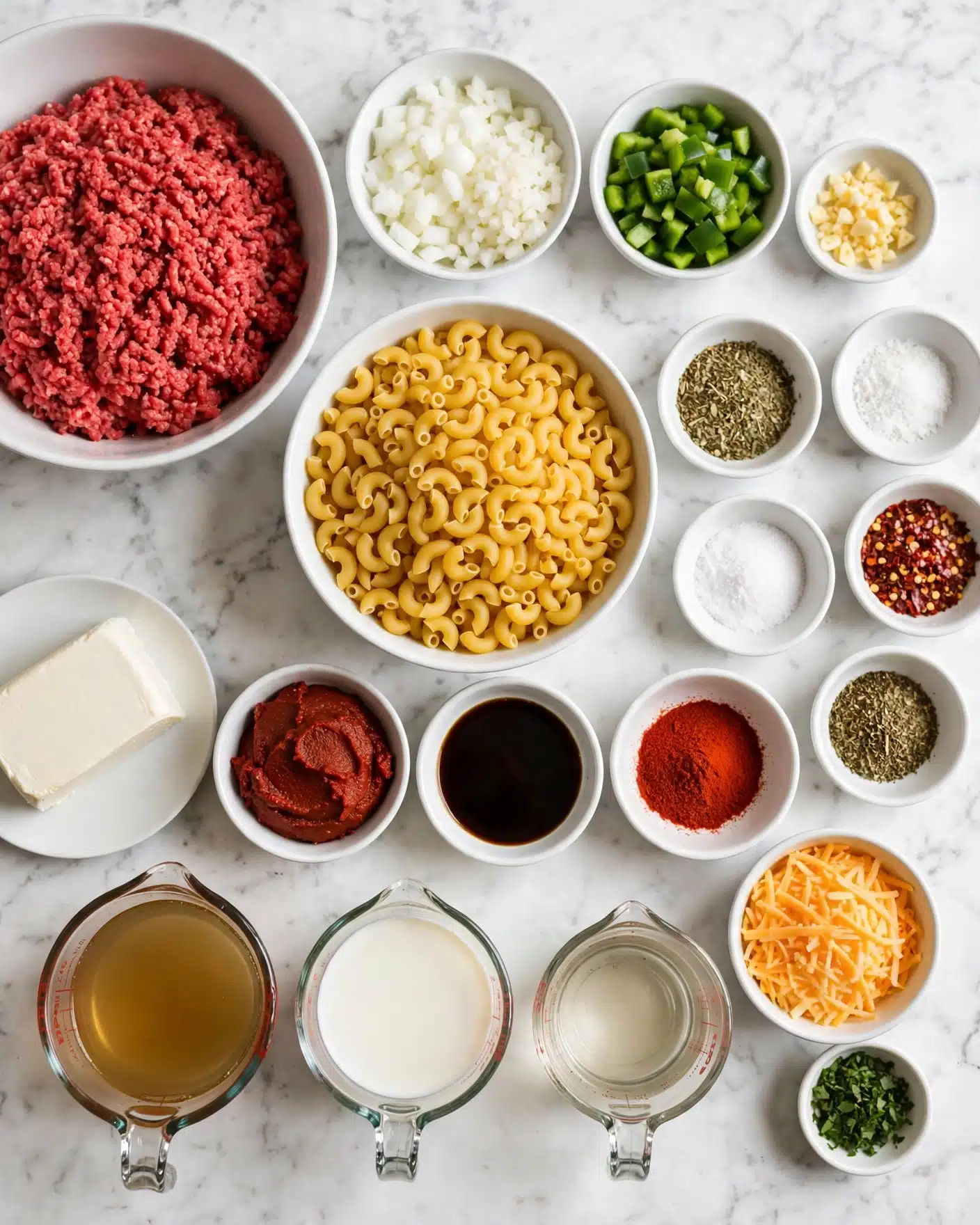 The image shows various cooking ingredients neatly arranged on a white marbled surface in different white bowls and glass measuring cups. In the top left, there is a large white bowl filled with bright red ground meat. Next to it, three smaller white bowls hold chopped white onions, green bell peppers, and a small bowl of yellow chopped garlic. Near the middle, a large white bowl is filled with yellow dry elbow macaroni. Smaller white bowls contain tomato paste, a dark liquid sauce, and a bright red powdered spice. Surrounding these are more small white bowls with herbs, spices, salt, and red pepper flakes. To the bottom left, a white plate holds a block of cream cheese. There are also three glass measuring cups with different liquids, including broth and milk, along with a bowl of shredded orange cheese and a small bowl of chopped green herbs, all laid on the white marbled surface. photo taken with an iphone --ar 4:5 --v 7
