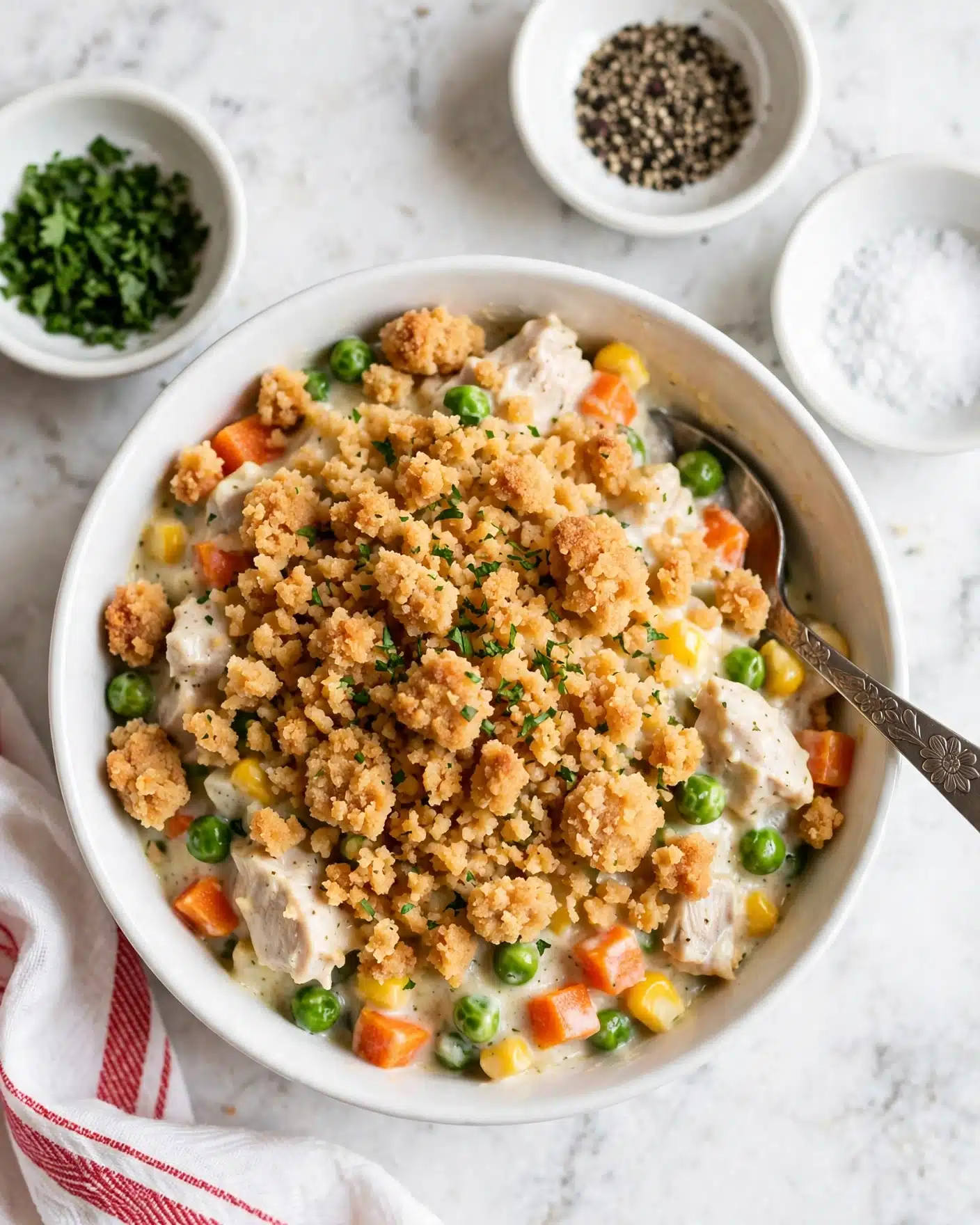 Chicken and Stuffing Casserole Recipe 6 A white bowl filled with a creamy casserole made of broken golden-brown crispy topping layered over mixed vegetables including green peas, orange carrots, yellow corn, and chunks of white meat. The texture of the topping is crumbly and rough while the vegetables and meat underneath are soft and moist, sprinkled lightly with green herbs. A silver spoon with a floral pattern rests inside the bowl. Around the bowl, there are small white bowls containing finely chopped green herbs, black pepper, and salt, set on a white marbled surface. A white cloth with red stripes is partially visible in the bottom left corner. photo taken with an iphone --ar 4:5 --v 7