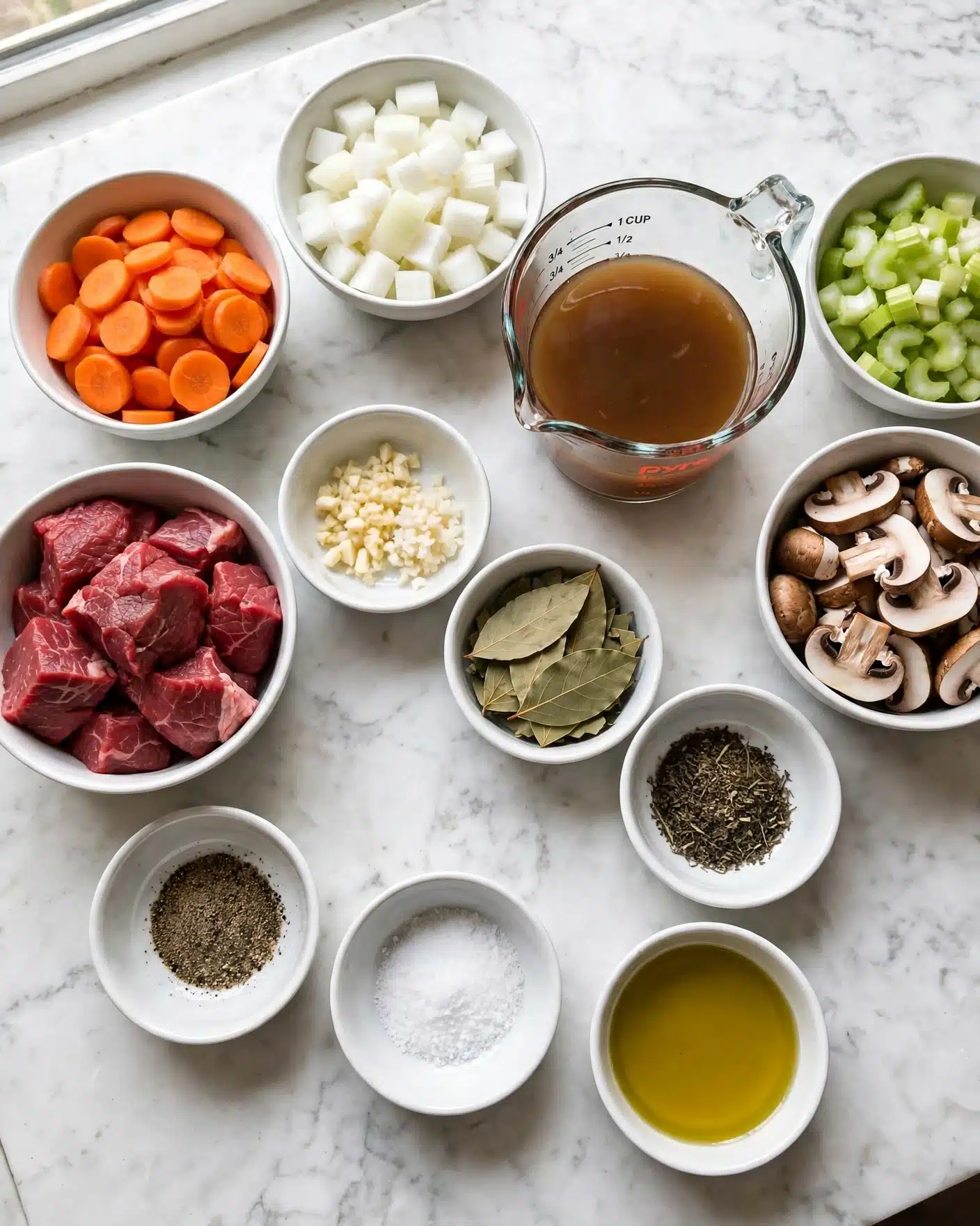 Hearty Beef Barley Soup Recipe 5 The image shows an overhead view of various cooking ingredients arranged neatly on a white marbled surface. There are eleven white bowls and one clear glass measuring cup, each filled with different items: one bowl has bright orange sliced carrots, another has cubed white onions, a bowl contains light green chopped celery, and another holds sliced brown and white mushrooms. One clear bowl shows raw red meat chunks. The measuring cup is filled with brown broth. Among the smaller white bowls, one has minced garlic cloves, another bay leaves, one has dark dried herbs, and two contain ground black pepper and salt. There is a small bowl with red paste and another with grains, along with a bowl of olive oil. The bowls are spread out, showing a clean, organized look. Photo taken with an iphone --ar 4:5 --v 7