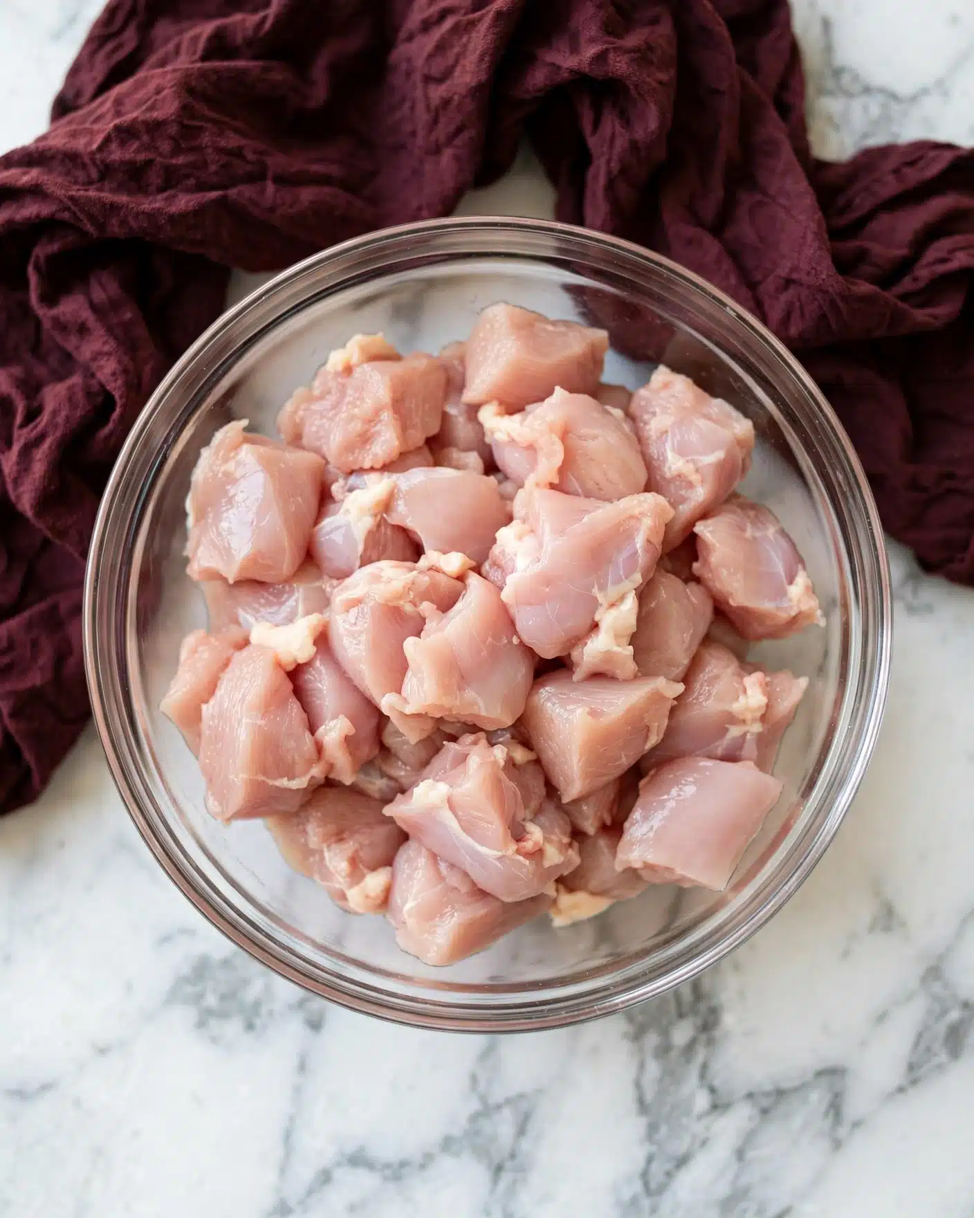 A clear glass bowl filled with small chunks of raw light pink chicken pieces is placed on a white marbled surface. In the background, a crumpled dark maroon cloth adds texture and color contrast to the image. The bowl and chicken pieces are centered and shown from above, highlighting the soft, uneven shapes of the chicken bits. photo taken with an iphone --ar 4:5 --v 7