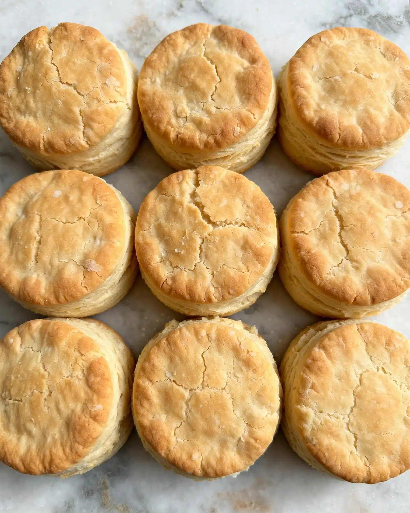The image shows a close-up view of nine golden brown biscuits closely placed together, filling the frame. Each biscuit has a round shape with a slightly cracked and flaky top layer that is a light golden color, with soft, fluffy textures visible. The sides of the biscuits are slightly lighter with softer edges, showing a delicate, layered structure. The biscuits sit on a white marbled surface that contrasts with their warm tones, giving a clean and fresh look. photo taken with an iphone --ar 4:5 --v 7