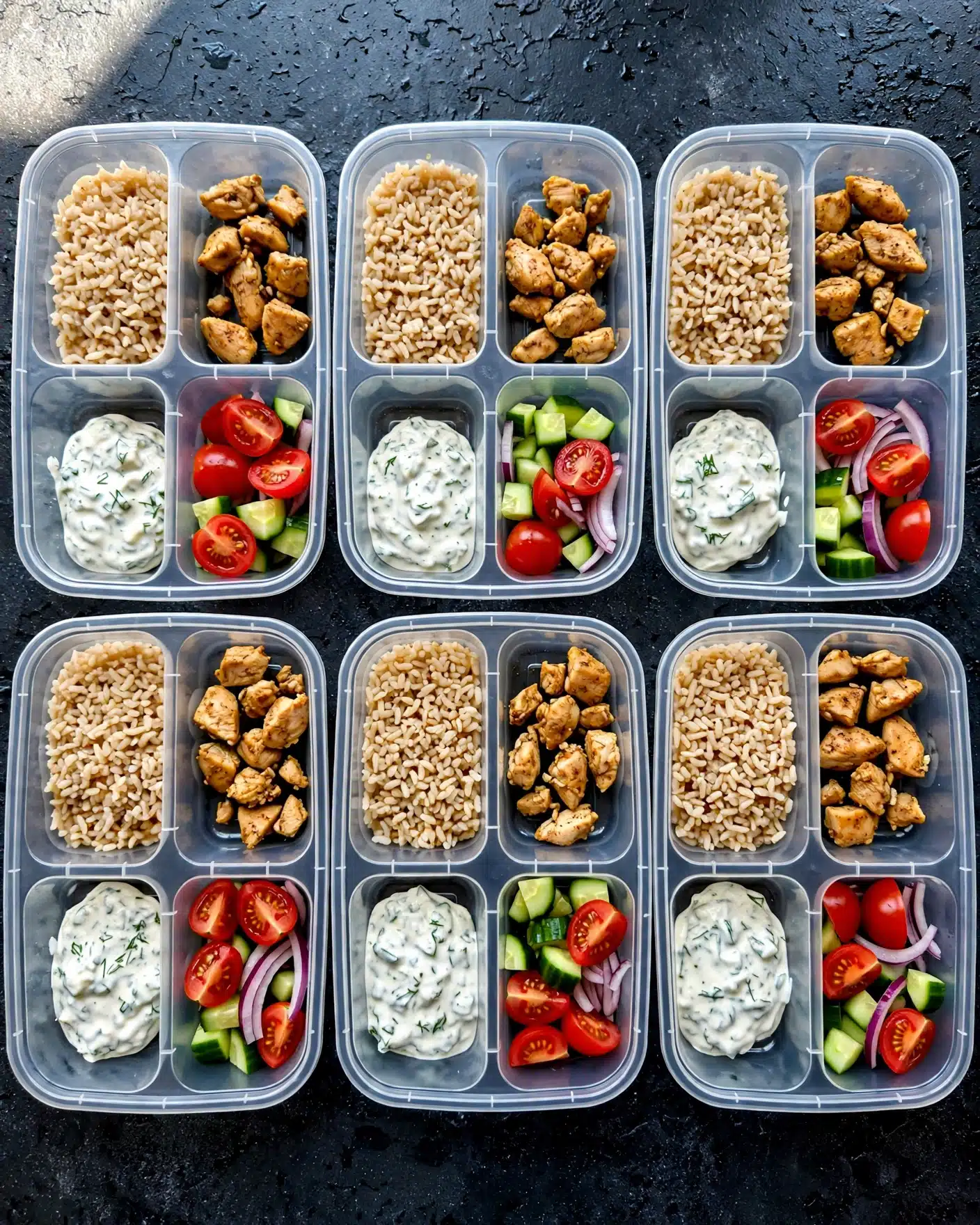 Greek Chicken Bowls with Cucumber Salad and Tzatziki Recipe 6 There are six clear plastic meal containers arranged in two rows of three on a dark textured surface. Each container has four parts: the first part is light brown cooked rice covering about one-third of the container, the second part has small pieces of cooked seasoned chicken in a light golden brown color placed next to the rice, the third part contains a dollop of white creamy sauce with green bits, and the fourth part holds a mix of quartered red cherry tomatoes, diced green cucumber, and thin slices of purple onion, all placed side by side. The containers are simple and uniform, showing a fresh and healthy meal. photo taken with an iphone --ar 4:5 --v 7