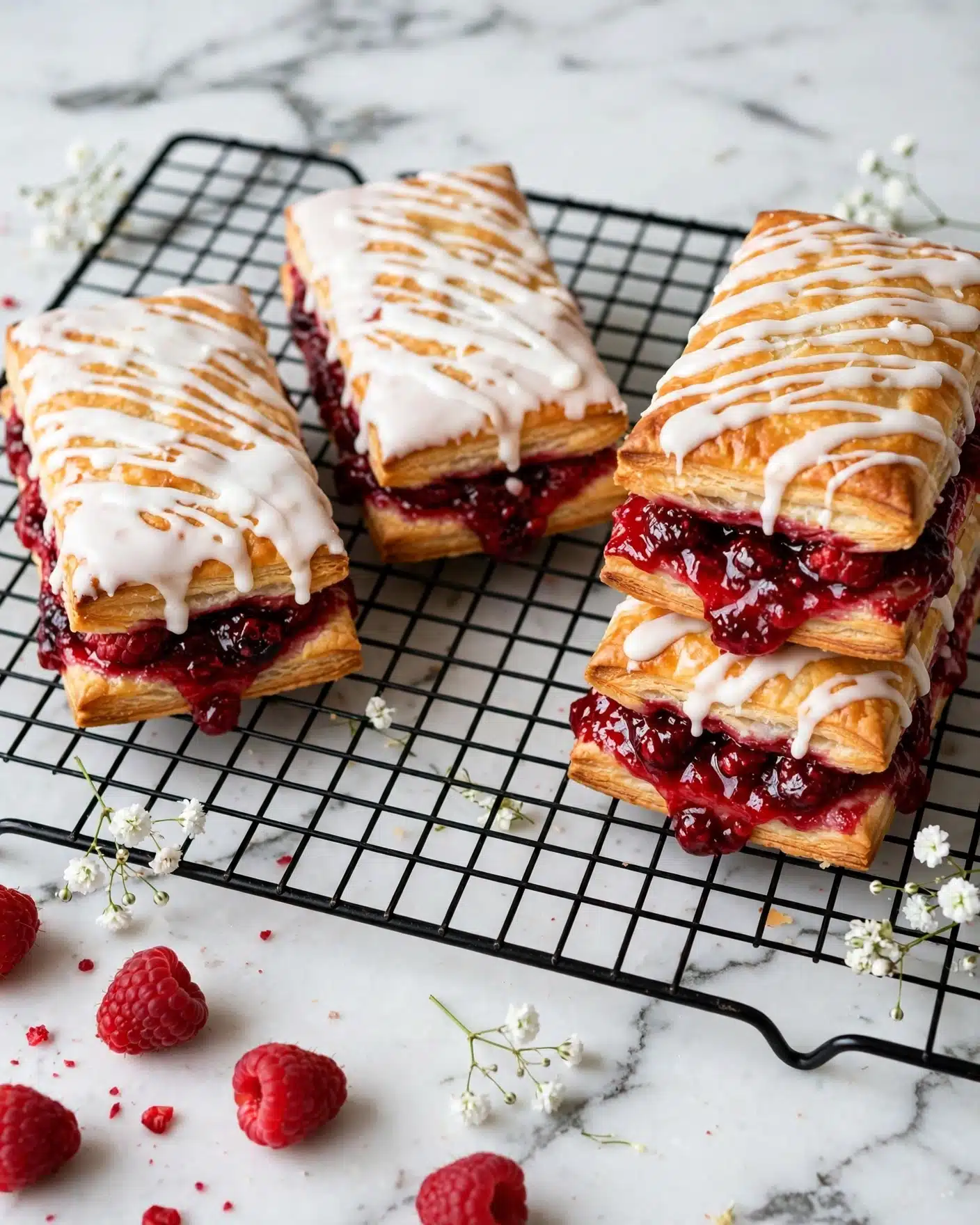 The image shows several rectangular pastries with a golden brown crust on a black cooling rack over a white marbled surface. Each pastry has two layers: a bottom layer of a golden, flaky crust, and a thick layer of red berry filling visible around the edges. On top, there is a smooth, white icing drizzled in an uneven pattern covering the surface. Two pastries are stacked on the right side, showing the middle red filling layer clearly. A few berries and small white flowers are placed around the cooling rack. Photo taken with an iphone --ar 4:5 --v 7