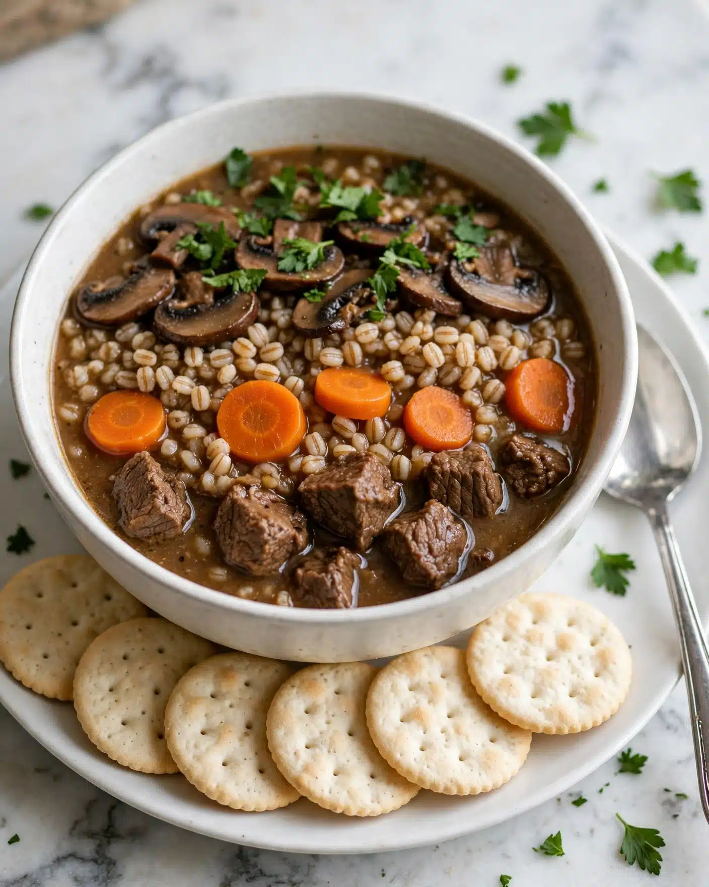 Hearty Beef Barley Soup Recipe 6 A white bowl filled with a thick, brown stew containing several chunky layers: large pieces of dark brown beef, bright orange round carrot slices, light brown small grains of barley, and bits of dark brown mushrooms, all mixed in a rich brown broth. The stew is garnished with small green herb bits. A silver spoon rests inside the bowl, partially submerged in the stew. On the right side of the bowl, several round light beige crackers sit on a white plate. The bowl is placed on a white marbled surface with some green leafy garnish blurred in the background. Photo taken with an iphone --ar 4:5 --v 7