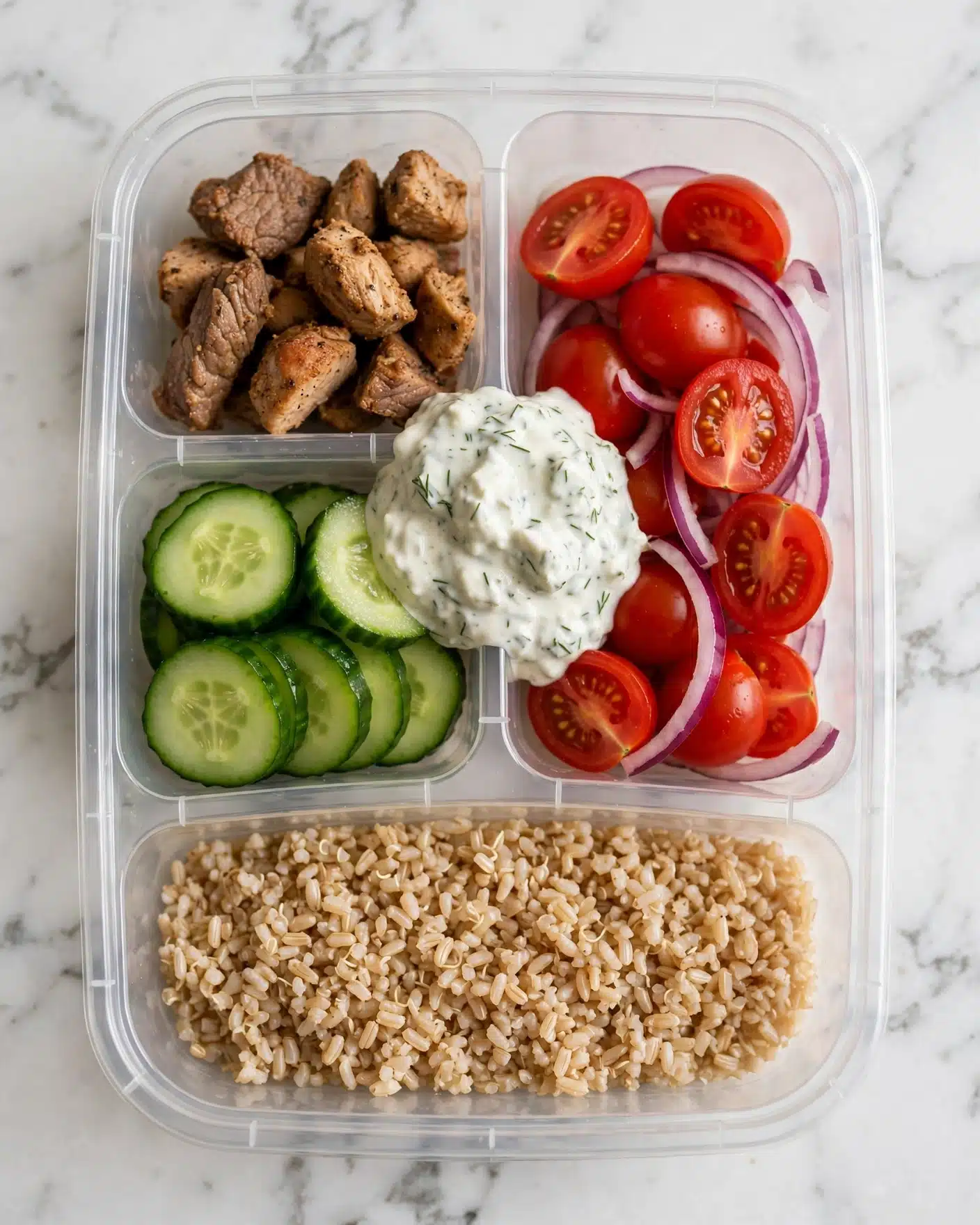 Greek Chicken Bowls with Cucumber Salad and Tzatziki Recipe 5 The image shows a clear plastic meal prep container filled with four sections of food placed on a white marbled surface. The bottom layer consists of a bed of light brown grains. On the left side, there are bright green cucumber slices with a slightly glossy texture. On the right side, vibrant red cherry tomato halves and thinly sliced red onions add a fresh pop of color. The top left section features small pieces of cooked, light brown meat with a seasoned, slightly crispy texture. In the center, there is a dollop of creamy white sauce with bits of green herbs mixed in. The photo taken with an iphone --ar 4:5 --v 7