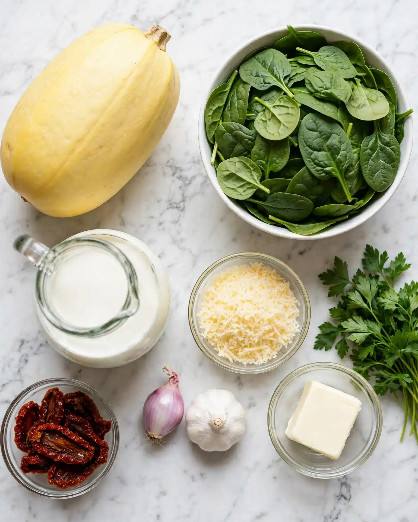 Tuscan Spaghetti Squash in Creamy Sun-Dried Tomato and Spinach Sauce Recipe 5 The image shows an arrangement of fresh cooking ingredients on a white marbled surface. On the top left, there is a whole pale yellow spaghetti squash. To the top right, a white bowl is filled with a large pile of bright green spinach leaves. Below the squash, there is a small clear glass bowl of dark red sun-dried tomatoes. In the center left, a clear glass jug contains white cream. Near it, a small shallot with light purple skin and a whole white garlic bulb are placed side by side. In the center right, there is a clear bowl filled with grated pale yellow cheese. To the far right, a small clear bowl holds a white block of butter, and next to that is a bunch of fresh bright green parsley. The colors range mainly from pale yellows and whites to fresh greens and deep reds. Photo taken with an iphone --ar 4:5 --v 7