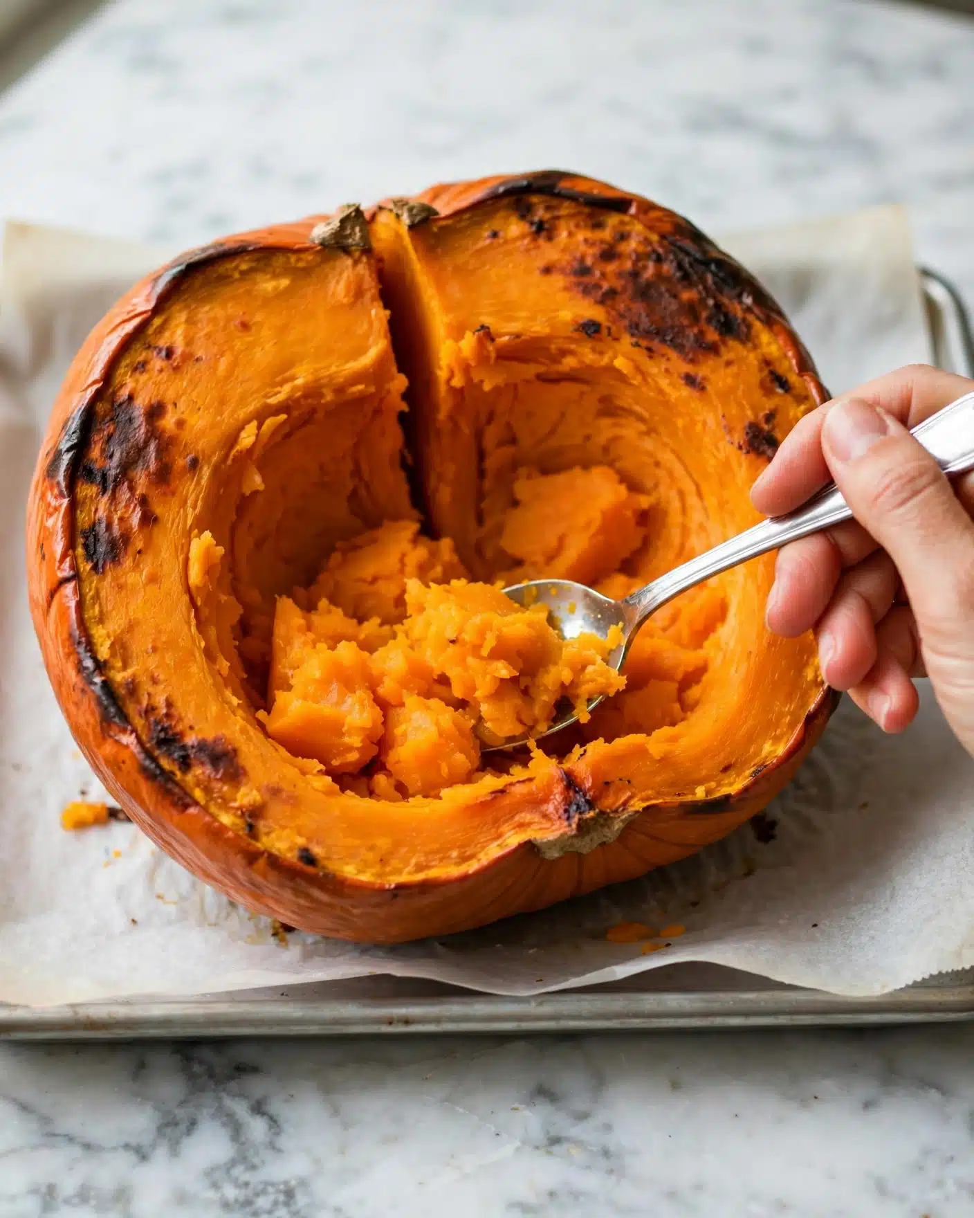 A close-up of a roasted pumpkin that is cut in half, showing its bright orange flesh scooped out with a silver spoon held by a woman's hand. The pumpkin skin is deep orange with some darker browned edges from roasting. The pumpkin sits on a baking tray lined with white paper, placed on a white marbled surface. The texture of the pumpkin flesh looks smooth and soft with some small chunks. Photo taken with an iphone --ar 4:5 --v 7