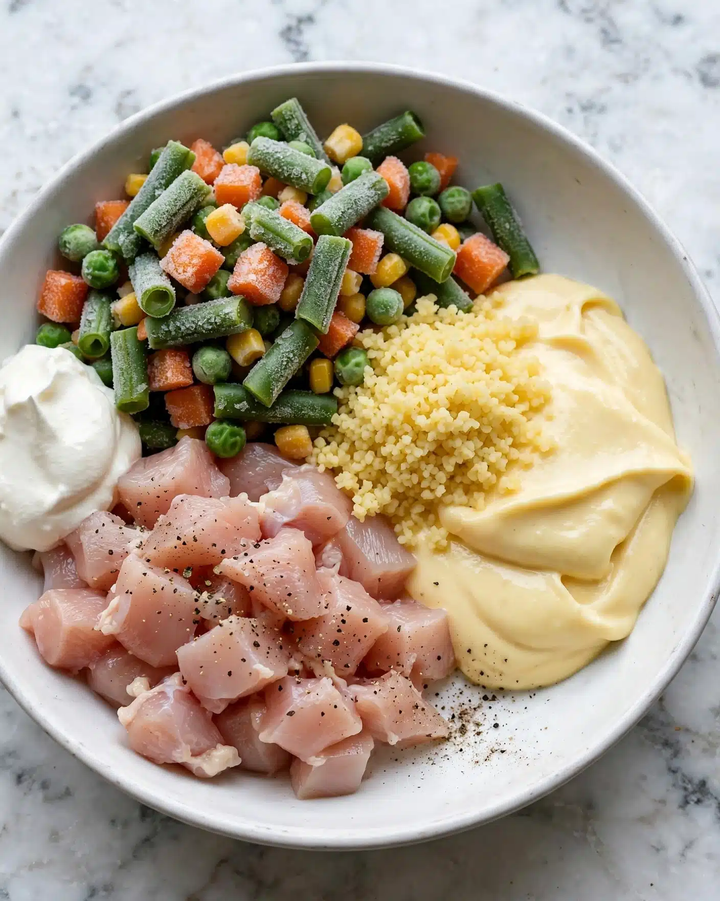 Chicken and Stuffing Casserole Recipe 5 A white bowl is filled with separate layers of ingredients arranged side by side. One layer shows small pieces of raw pale pink chicken at the bottom left, next to a smooth dollop of white cream on the left edge. Above the chicken, there is a colorful mix of frozen vegetables consisting of green beans, orange carrots, yellow corn, and green peas with a frosty texture. On the bottom right, a creamy, pale yellow sauce sits thickly, slightly folded over itself. Near the center, a small pile of light yellow grains resembling cooked couscous or bulgur is placed on top of the sauce. A sprinkle of black pepper is visible over the chicken, slightly touching the sauce. The bowl sits on a white marbled surface. photo taken with an iphone --ar 4:5 --v 7