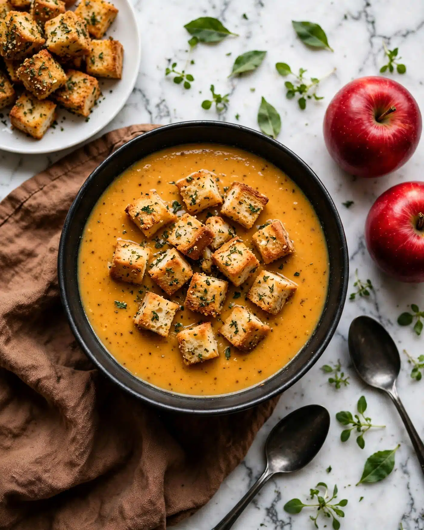 Easy Creamy Roasted Apple Pumpkin Soup Recipe 6 A dark bowl is filled with creamy orange soup, topped with roughly 12 golden brown croutons sprinkled with green herbs. The soup has a smooth texture with small specks of seasoning. The bowl sits on a warm brown cloth, surrounded by scattered green leaves, two shiny red apples, and two dark spoons on a white marbled surface. In the top left corner, a white plate holds more herb-covered golden croutons. Photo taken with an iphone --ar 4:5 --v 7