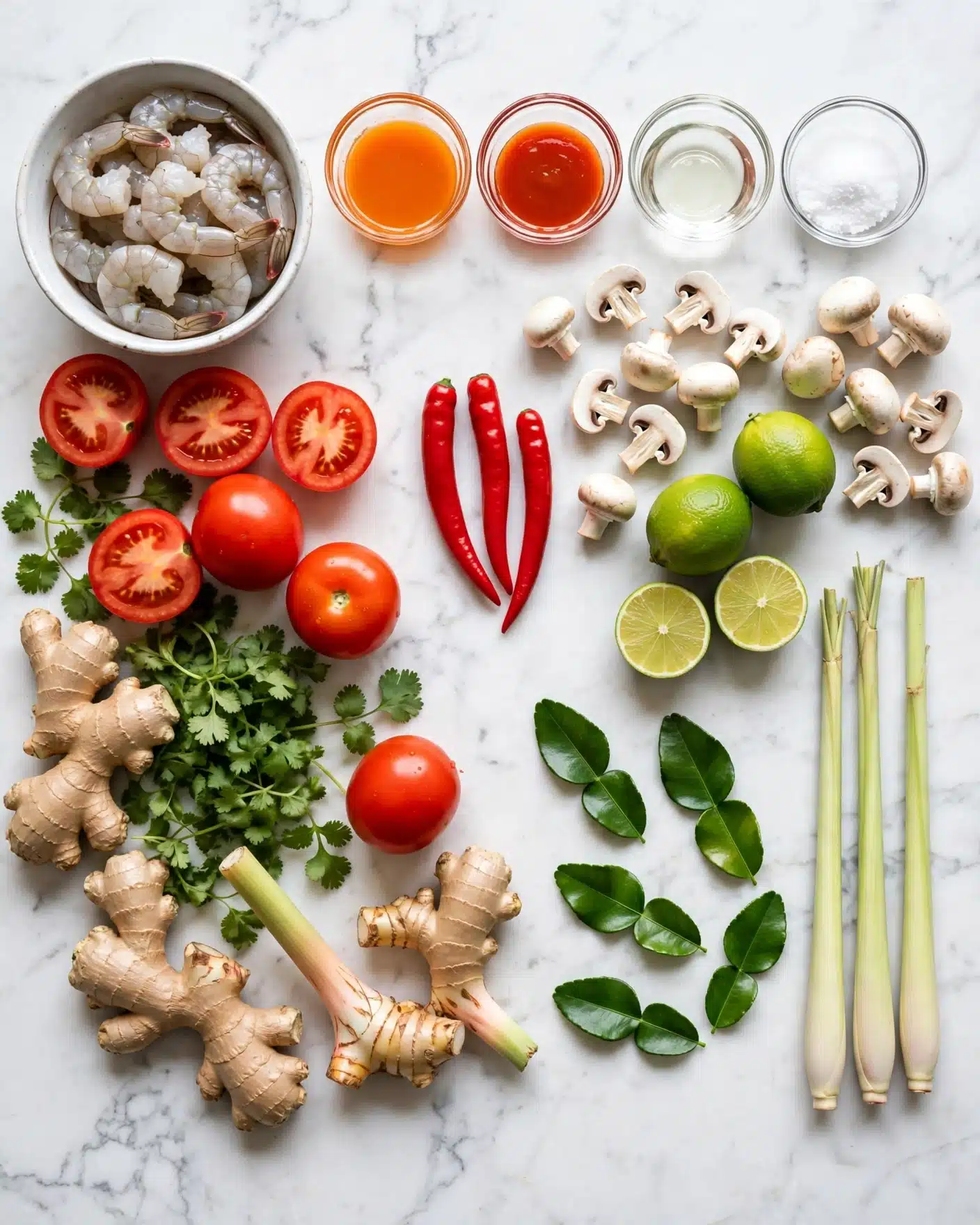 The image shows a white marbled surface filled with different ingredients neatly spread out. In the top-left corner, there is a white bowl filled with raw shrimp, light grayish-pink in color. Surrounding it are halved and whole red tomatoes, bright green cilantro leaves, and fresh ginger and galangal roots with a tan rough texture. To the right, small white mushrooms are scattered beside three whole and two halved bright green limes. There are also several green kaffir lime leaves and three pale green lemongrass stalks placed vertically. Small glass bowls with orange, red, and clear liquids, plus a small bowl of white salt sit near the top. Three red chili peppers lay in the middle. The overall layout is colorful with natural raw food textures, organized on a clean white marbled surface photo taken with an iphone --ar 4:5 --v 7