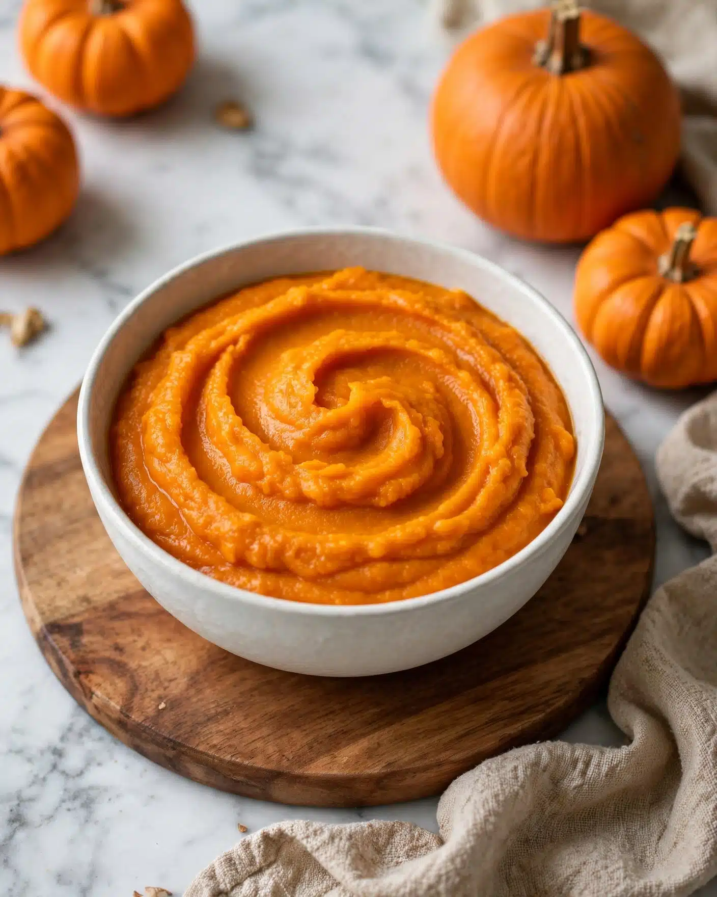 A clear glass jar filled to the top with bright orange pumpkin puree, showing a smooth but slightly chunky texture, sitting on a round wooden board. Next to the jar, there is a small wooden spoon with a rounded bowl, resting on the board. In the background, there are two small orange pumpkins with green stems placed on a white marbled surface, along with some blurred brown and orange autumn leaves. The scene is bright and warm, with a shallow focus on the jar and spoon, and a soft blur on the pumpkins and leaves. photo taken with an iphone --ar 4:5 --v 7