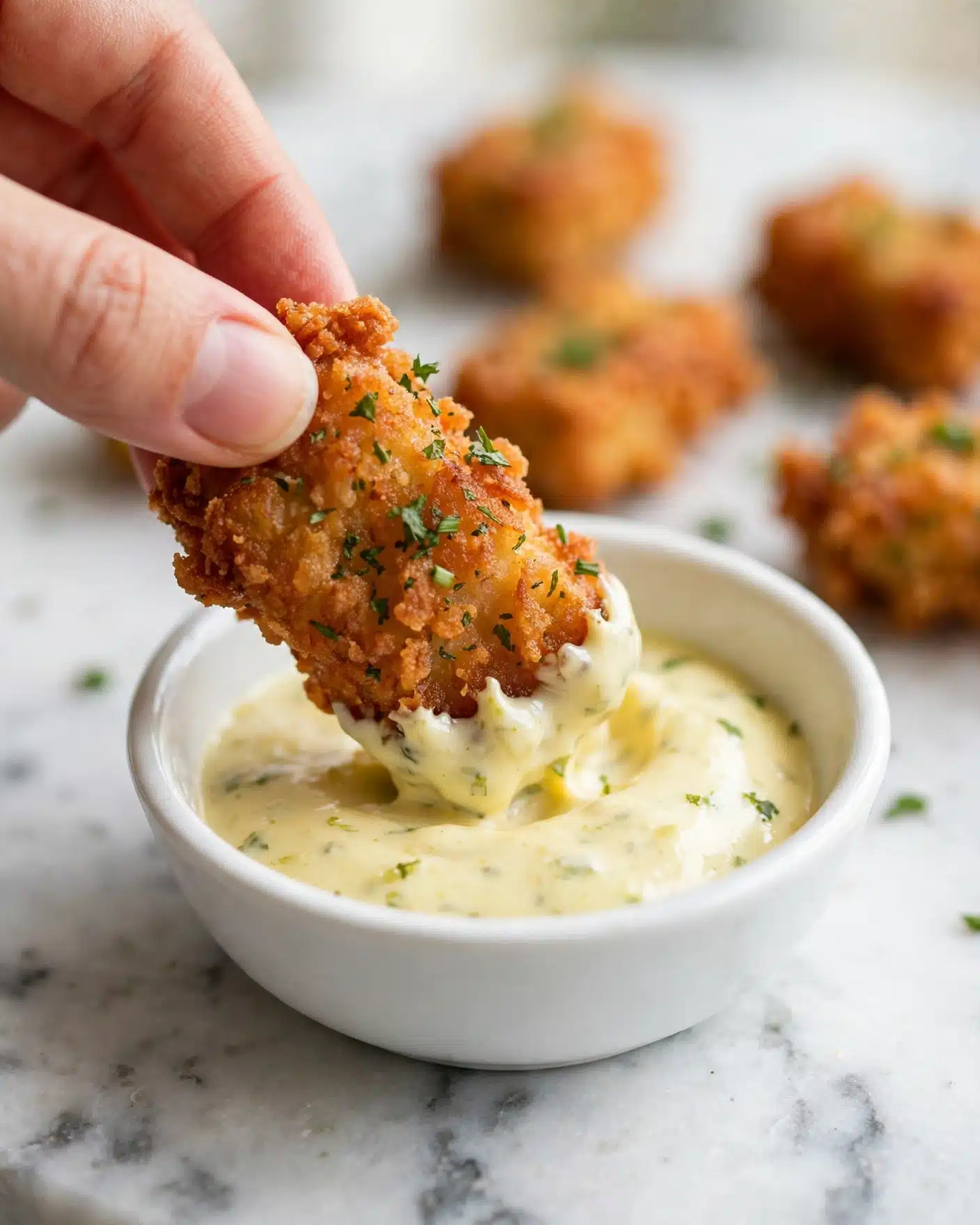 Crispy Oven Baked Chicken Tenders Recipe 6 A close-up image shows a piece of crispy golden brown fried food being dipped into a small white bowl filled with light yellow creamy sauce. The fried item has a crunchy texture with small green herbs sprinkled on top. The white bowl is placed on a white marbled surface with other similar fried pieces blurred in the soft background. The woman’s hand holding the food is partly visible from the top left. photo taken with an iphone --ar 4:5 --v 7