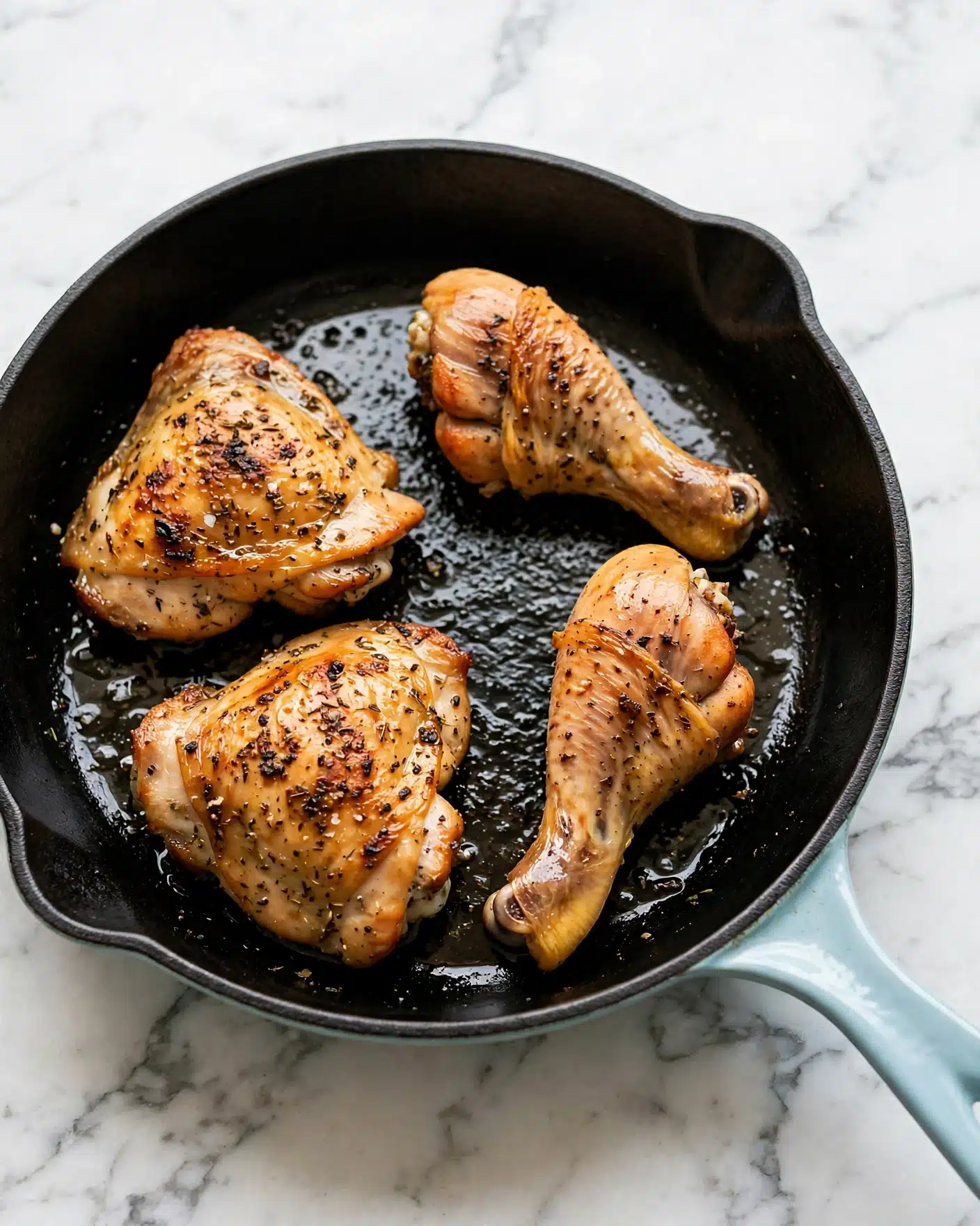 A black skillet filled with four cooked chicken pieces that are golden brown with some light charring and seasoning visible on the surface. The skillet has a light blue handle and is resting on a white marbled texture surface. The chicken pieces appear juicy and well-cooked with a slight shine from the cooking oil. Photo taken with an iphone --ar 4:5 --v 7