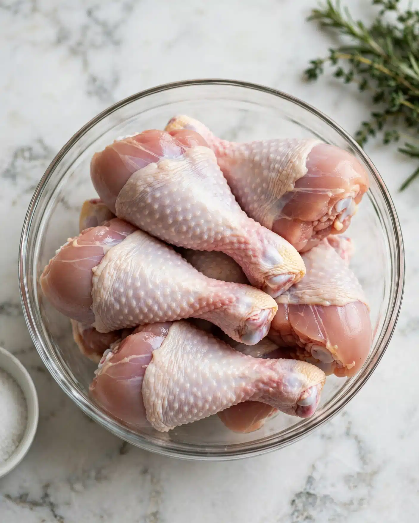 Baked Chicken Legs with Garlic, Lemon, and Dijon Marinade Recipe 5 A clear glass bowl filled with raw chicken drumsticks, showing their pinkish and light beige skin color with some white fat parts. The bowl is on a white marbled surface, with a small part of a white bowl with salt visible nearby and some green herbs slightly seen on the upper right side. The chicken drumsticks are stacked and overlapping inside the bowl, filling it almost halfway. Photo taken with an iphone --ar 4:5 --v 7