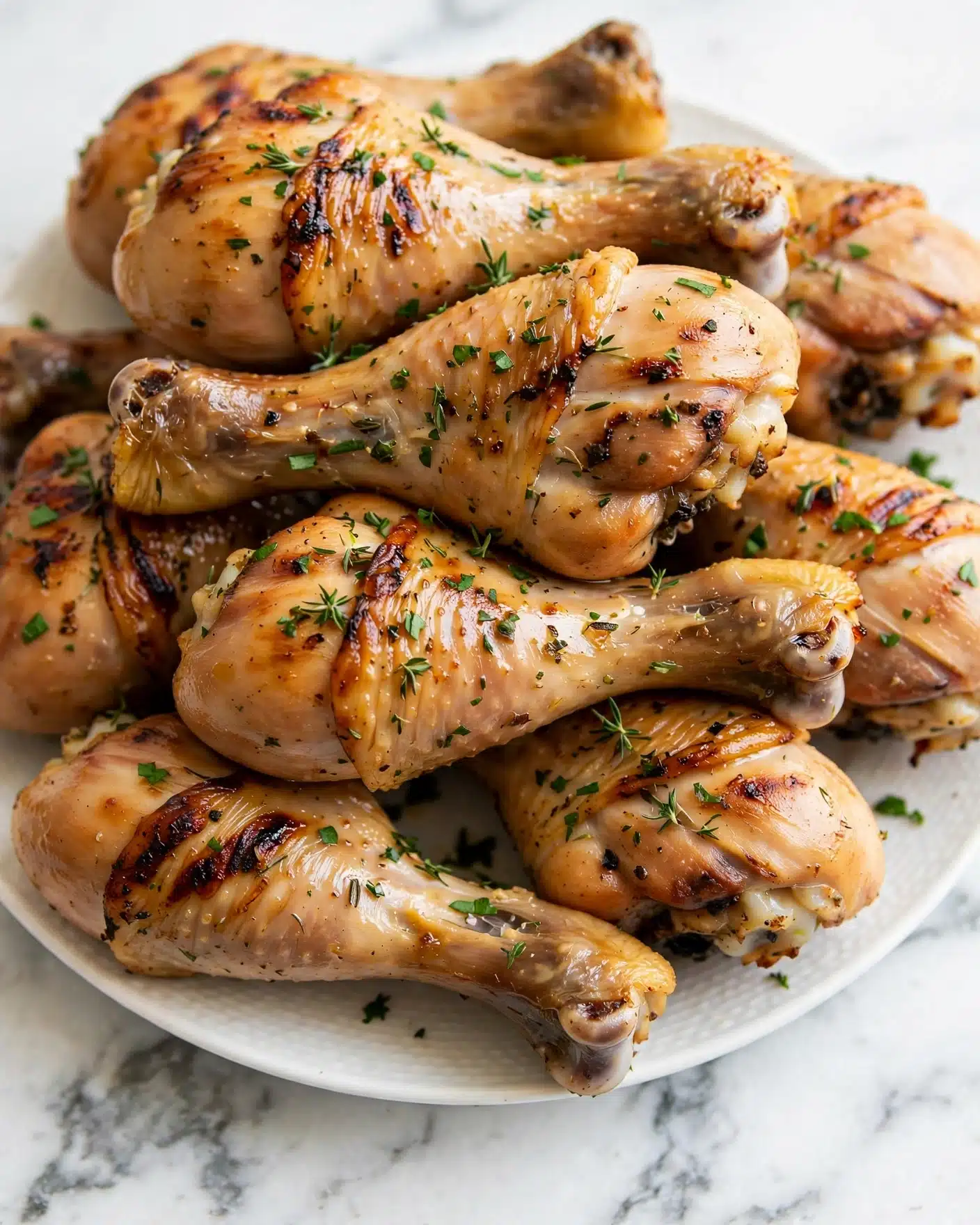 Baked Chicken Legs with Garlic, Lemon, and Dijon Marinade Recipe 6 A close-up view of many cooked chicken drumsticks stacked on a white plate, each piece showing a mix of golden brown and light skin with some darker grilled spots. The chicken is sprinkled with small green herb pieces, adding texture and color contrast. The plate rests on a white marbled surface which brightens the scene, highlighting the warmth and juiciness of the drumsticks. Photo taken with an iphone --ar 4:5 --v 7