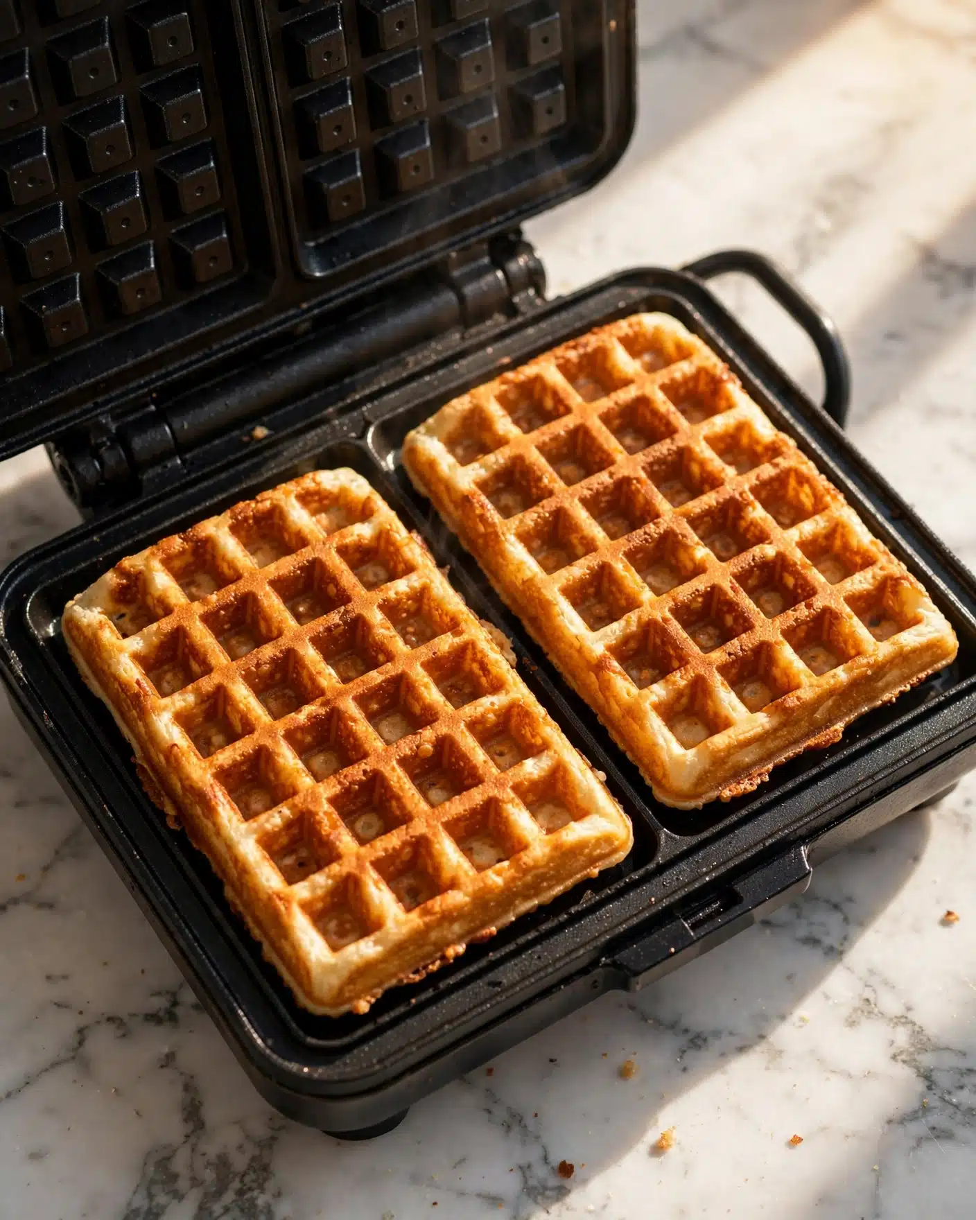 Cider Pumpkin Waffles with Salted Maple Butter Recipe 5 A close-up image shows two square golden brown waffles cooking on a black waffle maker. The waffles have a crispy texture with deep grid patterns and slightly raised edges. They appear evenly cooked with a warm amber color. The waffle maker sits on a white marbled surface with bright sunlight casting soft shadows, emphasizing the waffles’ crispy texture and warm tones. photo taken with an iphone --ar 4:5 --v 7
