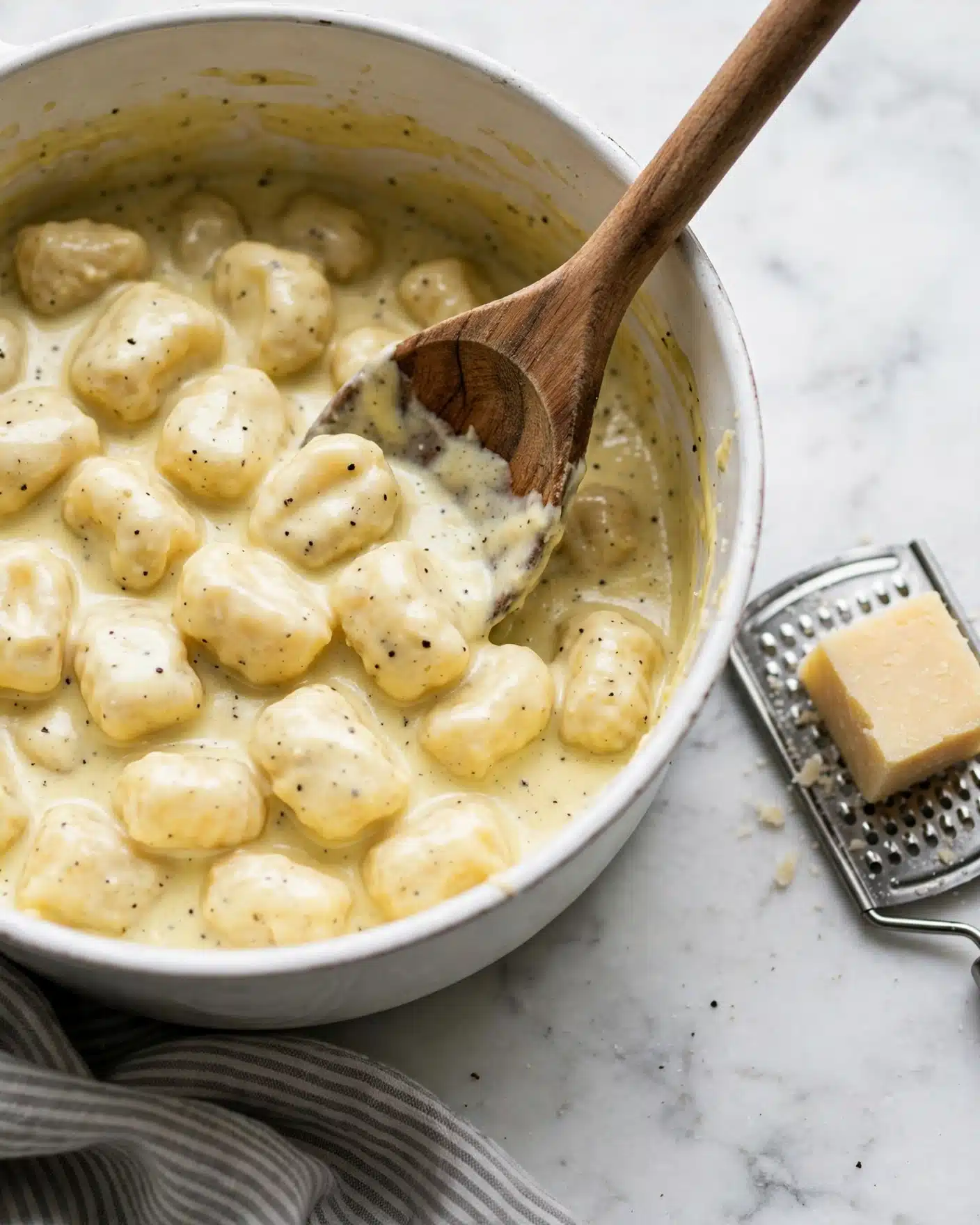 Cacio e Pepe Butter Beans: Vegan & Gluten-Free One-Pot Comfort Recipe 6 A white pot filled with thick, creamy pale yellow gnocchi sauce with small black specks of pepper visible throughout; the gnocchi pieces are soft and slightly irregular in shape, coated fully by the sauce. A wooden spoon rests inside the pot, partially covered by the creamy gnocchi, with its rich brown wood grain clearly visible. Next to the pot, on a white marbled surface, is a metal grater holding a small block of pale yellow cheese. Part of a striped gray cloth is at the bottom left near the pot. Photo taken with an iphone --ar 4:5 --v 7