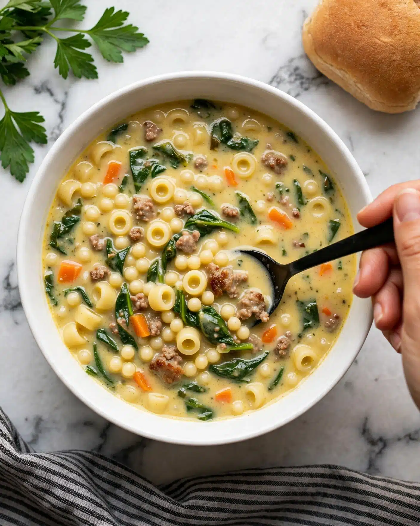 A creamy soup is shown in a white bowl, filled with small round pasta, green leafy vegetables, orange carrot pieces, and browned small meat bits, all mixed in a thick yellowish broth. On the right side, a black spoon is dipped into the soup, held by a woman's hand. In the top left corner, fresh green parsley leaves are placed, and on the top right, a soft brown bread roll rests. The bowl sits on a white marbled surface with a dark gray striped cloth near the bottom edge. Photo taken with an iphone --ar 4:5 --v 7