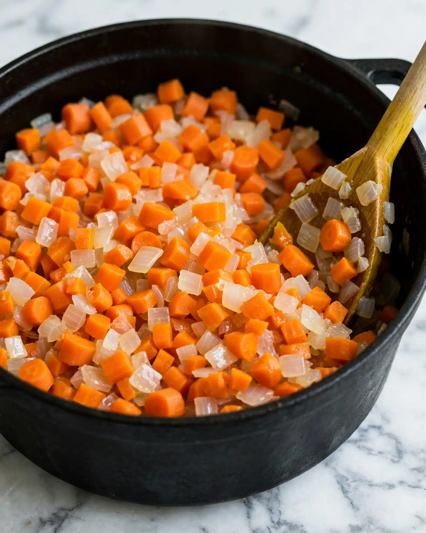 A close-up view of a black pot filled with small chopped pieces of cooked carrots and onions. The carrots are bright orange and evenly mixed with translucent, soft bits of onions. A wooden spoon with a yellowish tone is resting inside the pot on the right side, partially covered with the cooked vegetables. The scene is set on a white marbled surface. photo taken with an iphone --ar 4:5 --v 7