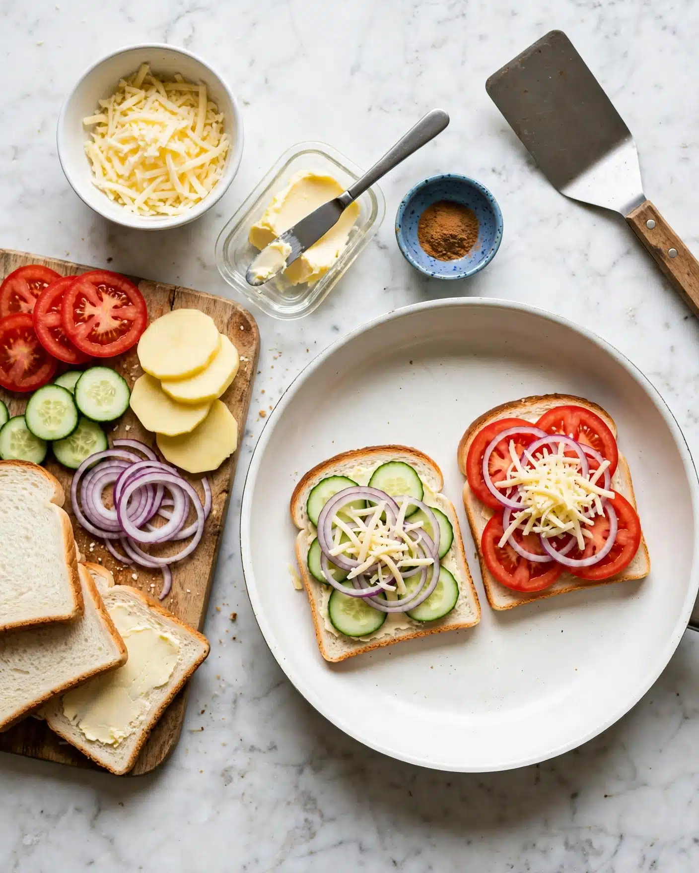 The image shows an open sandwich being made on a white frying pan placed on a white marbled surface. The right side sandwich has three layers: a slice of white bread at the bottom, topped with sliced tomatoes, thin rings of red onions, and a small pile of shredded light yellow cheese. The left side sandwich has four layers: a slice of white bread at the bottom, spread with a light layer of butter, topped with sliced cucumber rounds, thin red onion rings, and shredded cheese. To the left, there is a wooden board with three slices of white bread and one slice spread with butter, and next to it, arranged tomato slices, cucumber slices, thin rings of red onions, and light yellow thick slices, possibly potatoes or cheese. Above the board is a small white bowl with shredded cheese, and next to the pan is a small glass butter dish with a knife resting on it, and a tiny blue bowl with a brown powder. A metal spatula with a wooden handle rests on the upper right side on the white marbled surface. Photo taken with an iphone --ar 4:5 --v 7