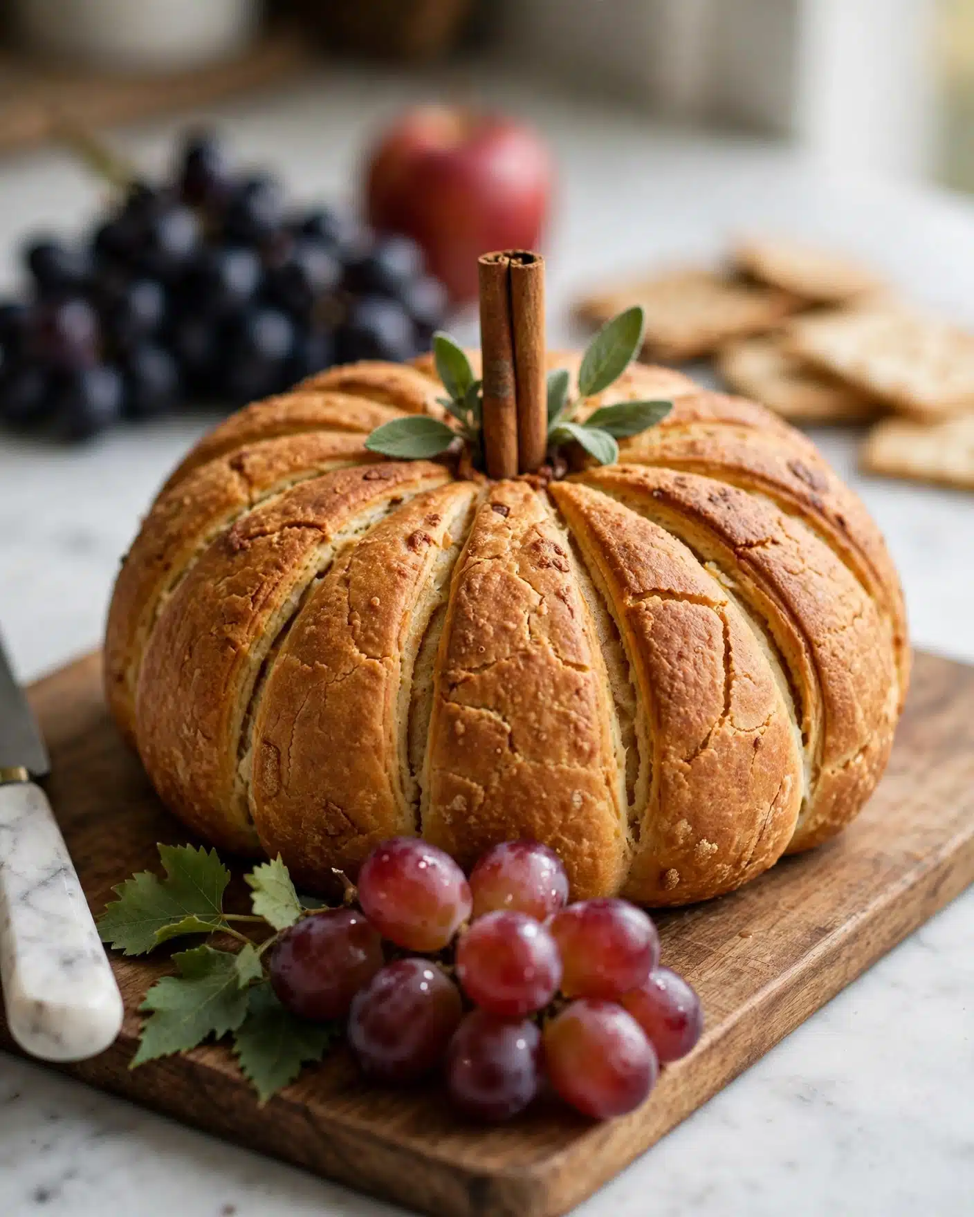 Pumpkin-Shaped Baked Brie with Fig Jam and Pecans Recipe 6 A white wooden board filled with layers of food begins with a large round golden-brown bread shaped like a flower on the left. Around it are bunches of purple grapes and green herb leaves. To the right, there is a small glass bowl with shiny brown nuts, surrounded by crackers and fresh blackberries. Thin round crackers are stacked in a small pile near sliced light pink apple pieces. On the far right side, there is a curved arrangement of thin red slices resembling meat shaped like a rose, surrounded by more blackberries and green leaves. In front of the meat is a small bowl with a wooden spoon inside, holding a dark spread. More crackers are spread out in the front and edges. The food sits on a white marbled background with a green cloth draped in the upper right corner. Photo taken with an iphone --ar 4:5 --v 7