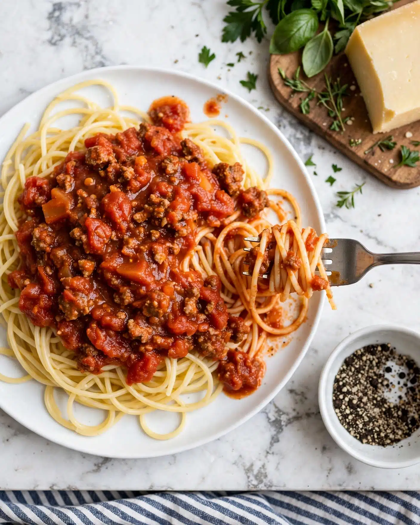 A white round plate filled with two main layers: the bottom layer is a nest of thin, pale yellow spaghetti noodles loosely arranged, and the top layer is a chunky tomato-based sauce with visible pieces of browned ground meat and soft tomato chunks, spread mostly in the center and some spilling over the edges of the noodles; a silver fork on the right side is twirling some spaghetti with sauce, resting on the plate. Nearby, there is a white round bowl with a black and white pepper mix on the bottom right, and a wooden board with green herbs and a large wedge of pale yellow cheese on the upper right. The whole setup is on a white marbled textured surface with parts of a striped cloth visible at the bottom. photo taken with an iphone --ar 4:5 --v 7