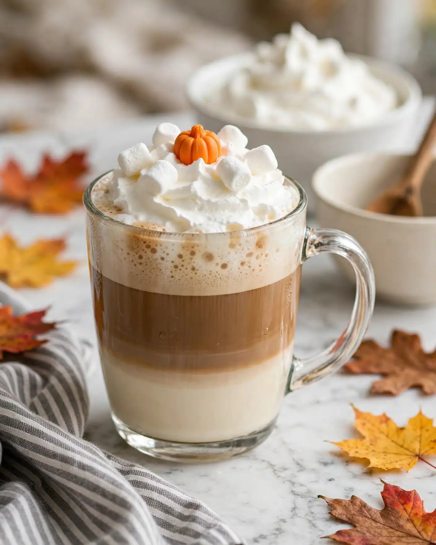 Homemade Pumpkin Spice Latte Recipe 6 A clear glass mug shows three layers: the bottom layer is a light cream color, the middle layer is a warm brown color, and the top layer is a thick foam with small bubbles. On top of the foam, there is a thick white whipped cream layer topped with mini white marshmallows and a small orange pumpkin candy in the center. The mug is on a white marbled surface, with a gray striped cloth and colorful autumn leaves around it. In the background, there is a white bowl with more whipped cream and an off-white bowl with a wooden spoon. Photo taken with an iphone --ar 4:5 --v 7