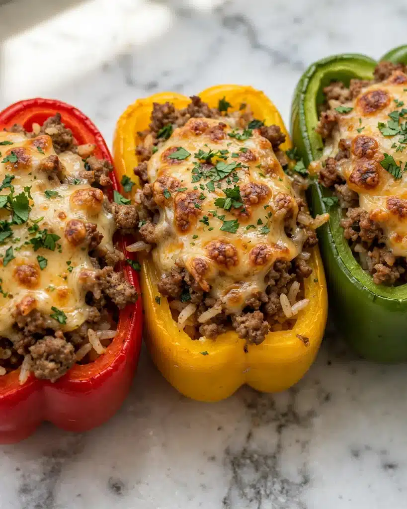 Stuffed Bell Peppers with Ground Beef, Rice, and Monterey Jack Recipe