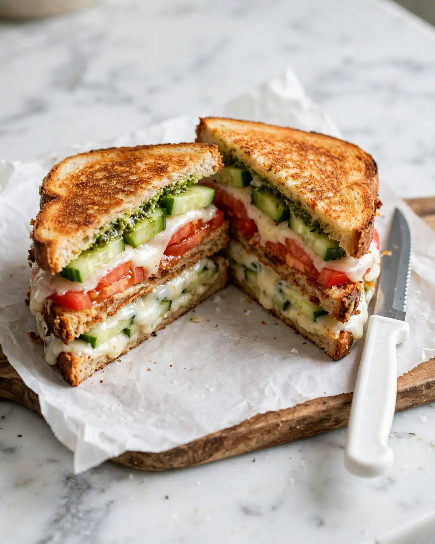 The image shows a close-up of a grilled sandwich cut in half diagonally, stacked on a white plate with a white marbled background. The sandwich has three visible layers of toasted golden brown bread. Between the top two slices, there is a bright green pesto spread and a thick layer of melted white cheese with cucumber slices peeking out. The middle section has another layer of bright green pesto, a ripe red sliced tomato, and melted white cheese that is slightly oozing out. The crisp texture of the toasted bread contrasts with the soft melted cheese and fresh vegetables. photo taken with an iphone --ar 4:5 --v 7
