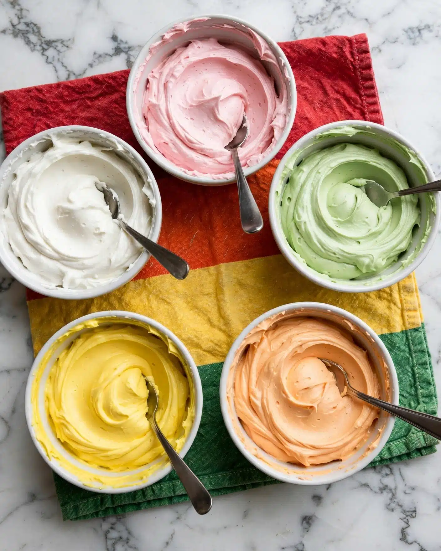 The image shows five white bowls arranged on a red, orange, yellow, and green striped cloth with thick creamy frosting in each bowl. The top left bowl contains white frosting with a metal spoon inside, the top middle bowl holds light pink frosting with a spoon resting on the edge, the top right bowl has light green frosting with a spoon fully inside, the bottom left bowl is filled with bright yellow frosting with a spoon inside, and the bottom right bowl has light orange frosting with a spoon inside. Each frosting looks smooth and fluffy. The bowls are placed on a white marbled surface photo taken with an iphone --ar 4:5 --v 7