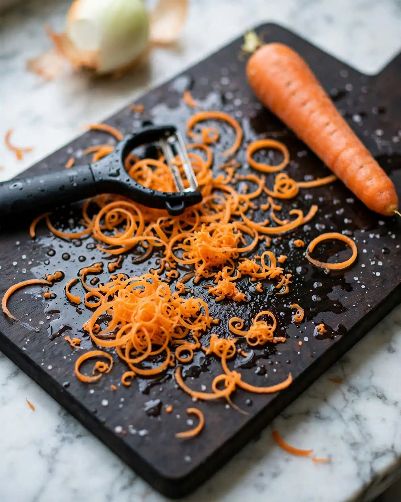 The image shows thin, curly orange carrot strips scattered across a dark cutting board with a shiny wet surface. There is an unpeeled carrot placed diagonally near the top right, and part of a peeled onion is visible in the blurred background. A black peeler is resting on the board among the carrot shavings, and salt grains are lightly sprinkled around the wet area. The surface underneath the board has a white marbled texture. photo taken with an iphone --ar 4:5 --v 7