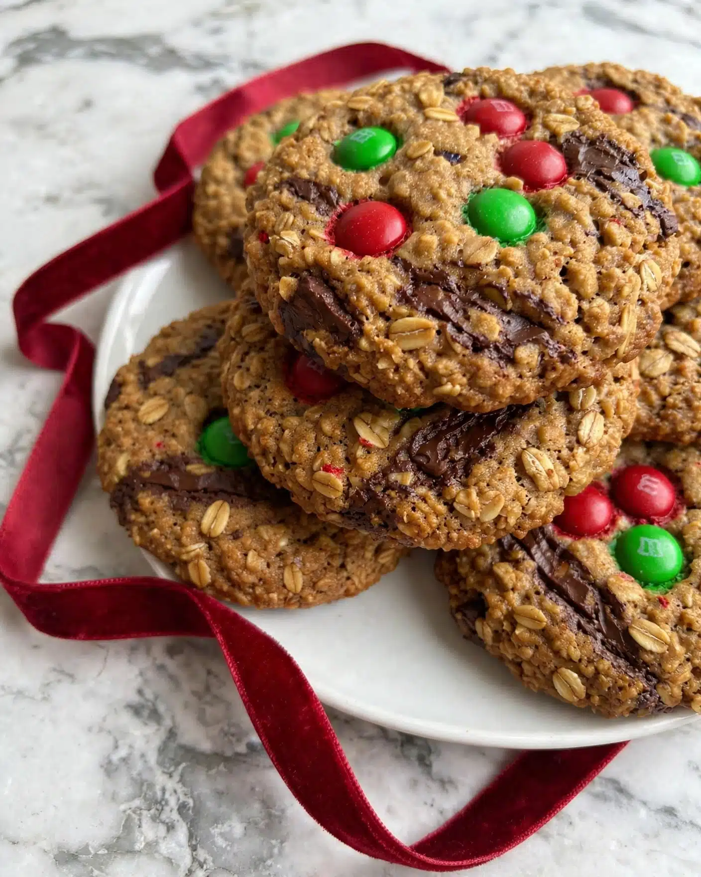 A close-up view of a white tray filled with a stack of about ten round cookies, each showing a textured, golden-brown surface with dark chocolate swirls and red and green candy pieces scattered on top and throughout. The cookies have a slightly rough and cracked look, showing soft and chewy texture, with one cookie in the middle partly broken. The tray is set on a white marbled surface, and a deep red velvet ribbon weaves through the cookies, adding a festive feel. Photo taken with an iphone --ar 4:5 --v 7