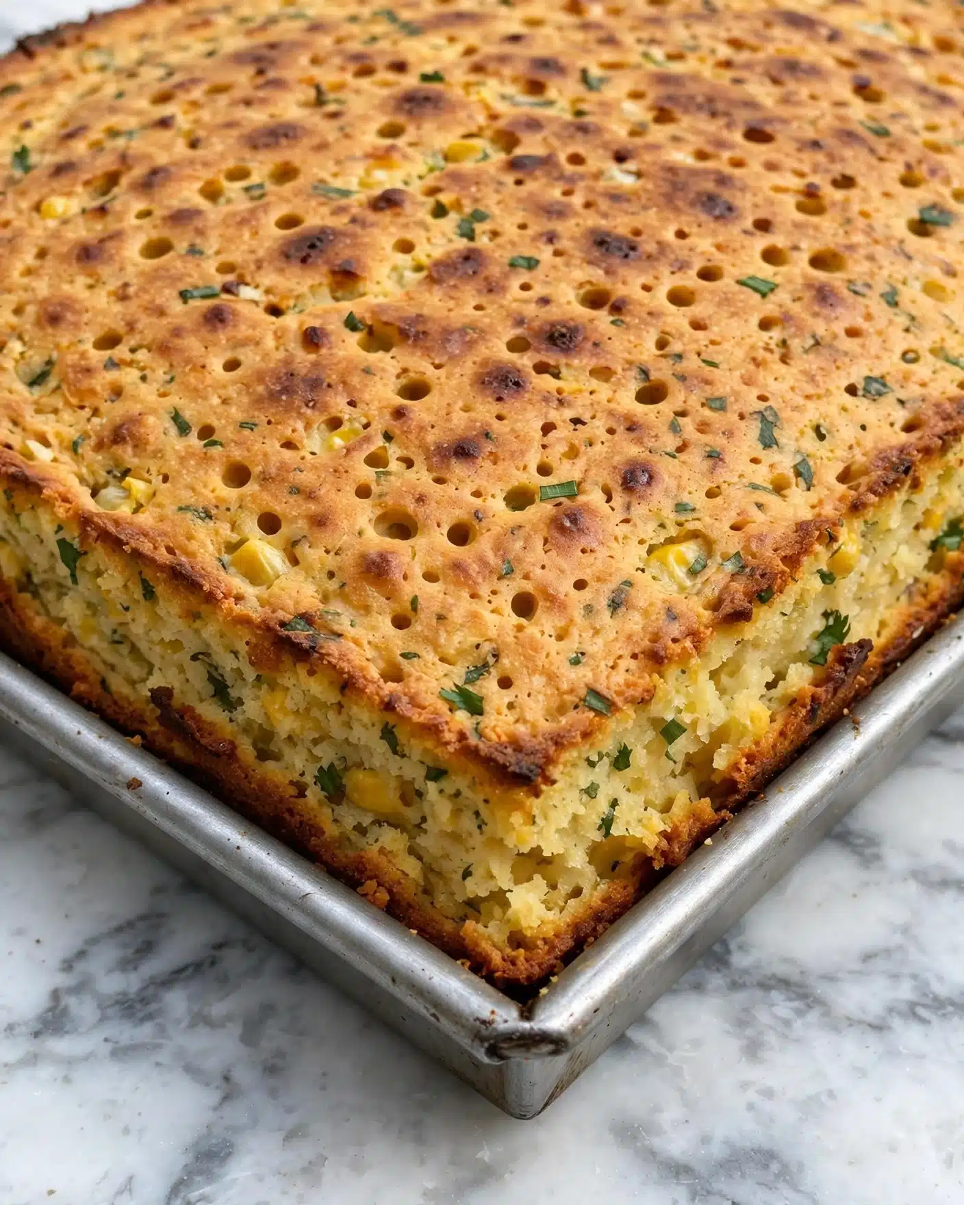 A close-up view of a single thick layer of golden cornbread in a silver square baking pan. The cornbread has a rough texture with small holes and darker brown spots scattered on the surface. The edges are slightly crisp and the inside looks soft and moist with hints of herbs or small bits mixed throughout. The pan sits on a white marbled surface. Photo taken with an iphone --ar 4:5 --v 7