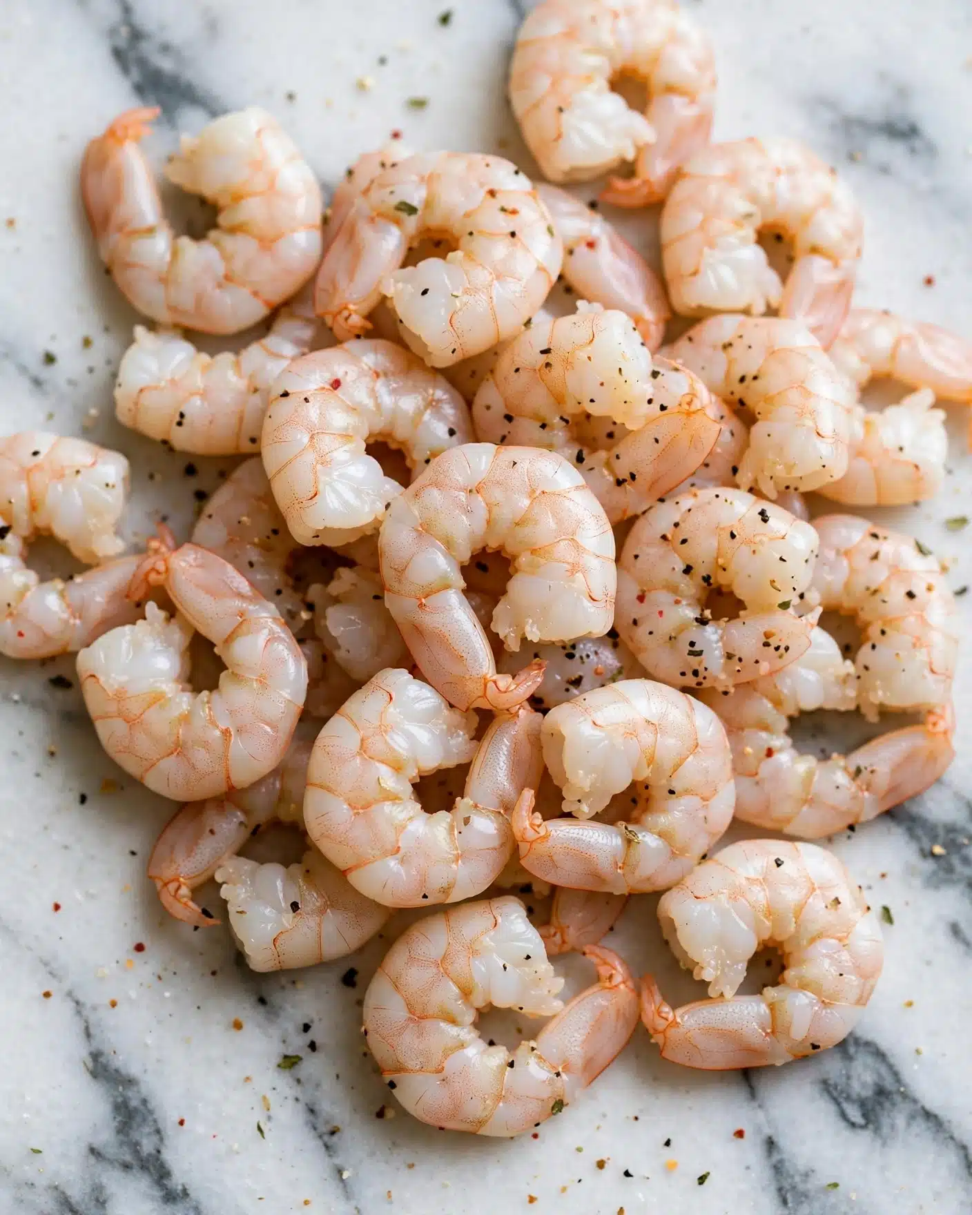 A close-up view of a pile of small, peeled shrimp seasoned with black pepper and spices, showing their pale pinkish-white color with a touch of translucent texture. The shrimp are loosely arranged on a white marbled surface, highlighting their slightly curled shape and the fine specks of seasoning scattered across them. photo taken with an iphone --ar 4:5 --v 7