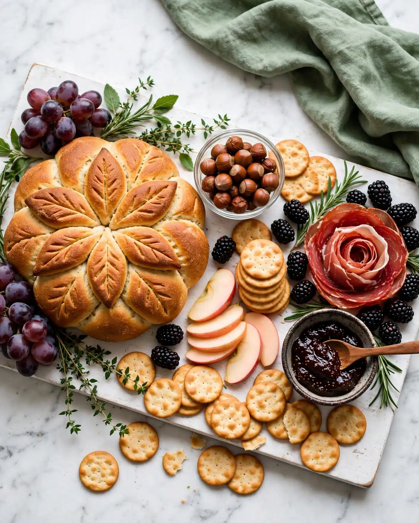 Pumpkin-Shaped Baked Brie with Fig Jam and Pecans Recipe 5 The image shows a round baked pastry shaped like a pumpkin with a golden brown crust. It has several curved sections forming the pumpkin shape, with a cinnamon stick in the center acting as the stem, and a few green leaves attached near the top. The pastry is placed on a wooden cutting board. In front of the pastry, there is a small bunch of red grapes with a smooth, shiny surface, and green leaves beside them. Part of a white marble knife handle is visible to the left. In the blurry background, there are dark grapes, a red apple, and a few crackers to the right. The whole scene is set on a white marble surface. Photo taken with an iphone --ar 4:5 --v 7